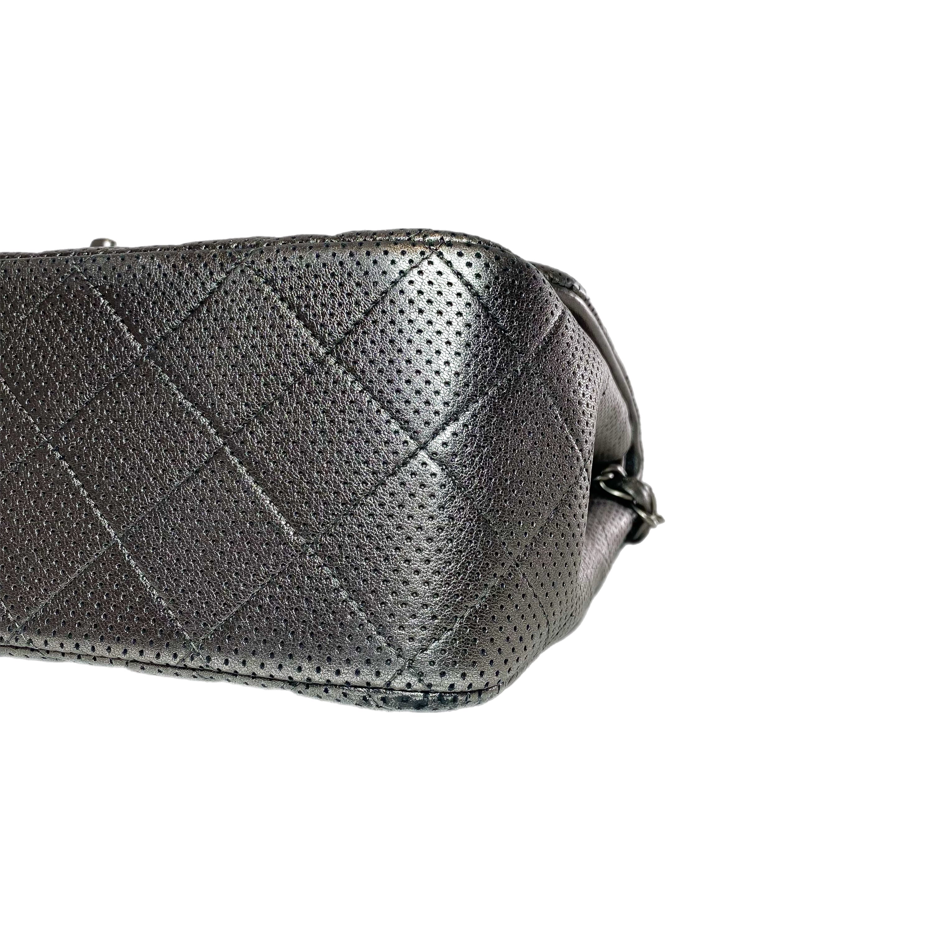 Chanel Dark Silver Perforated Jumbo Double Flap Bag