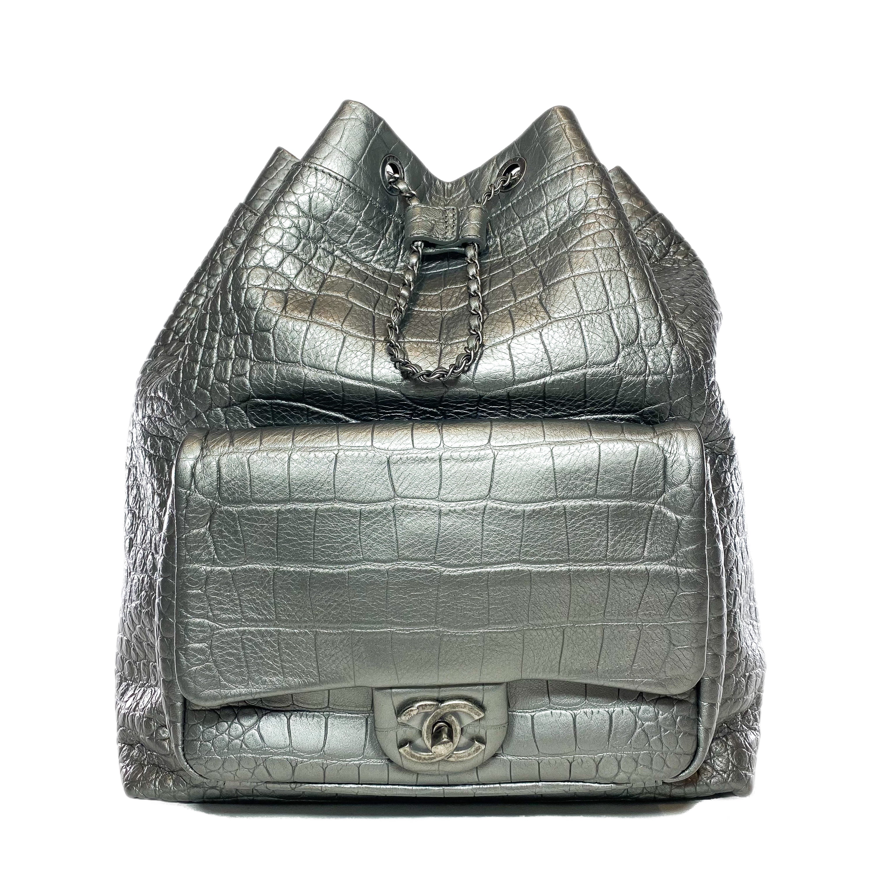 Chanel Silver Metallic Calfskin Crocodile Embossed Backpack Consign of the Times