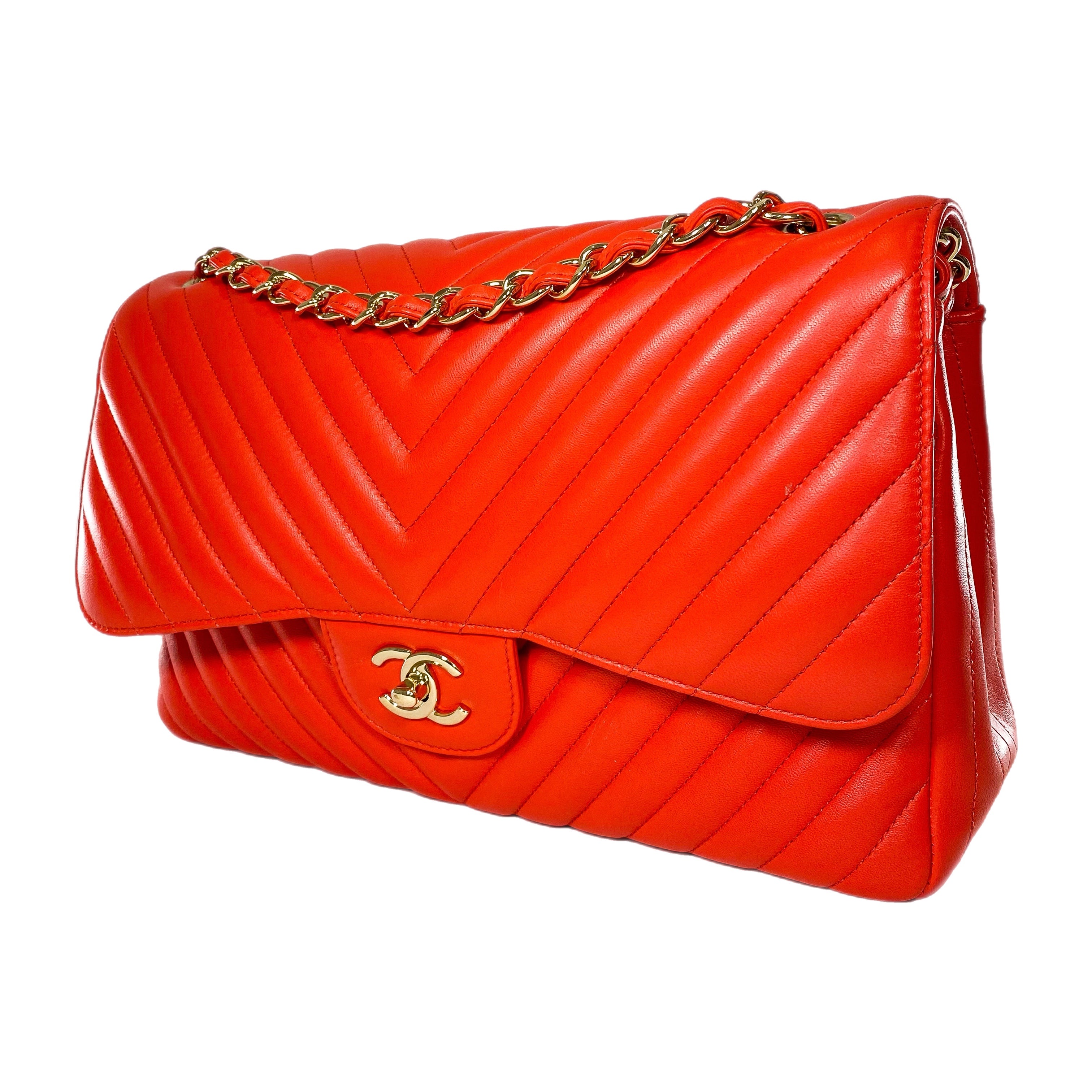 Chanel Red Jumbo Chevron Double Flap Bag