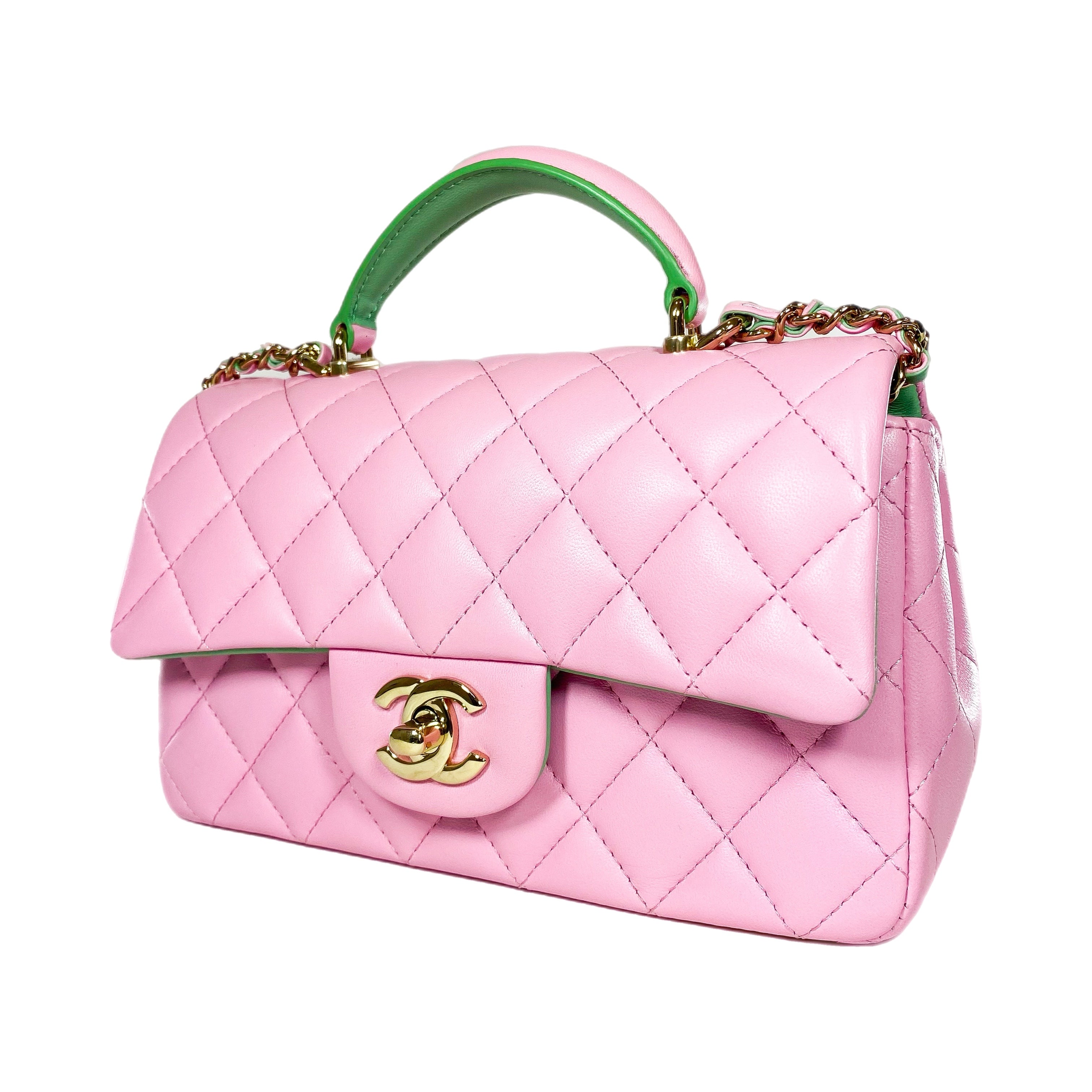 Chanel Pink Green Mini Top Handle Flap Bag