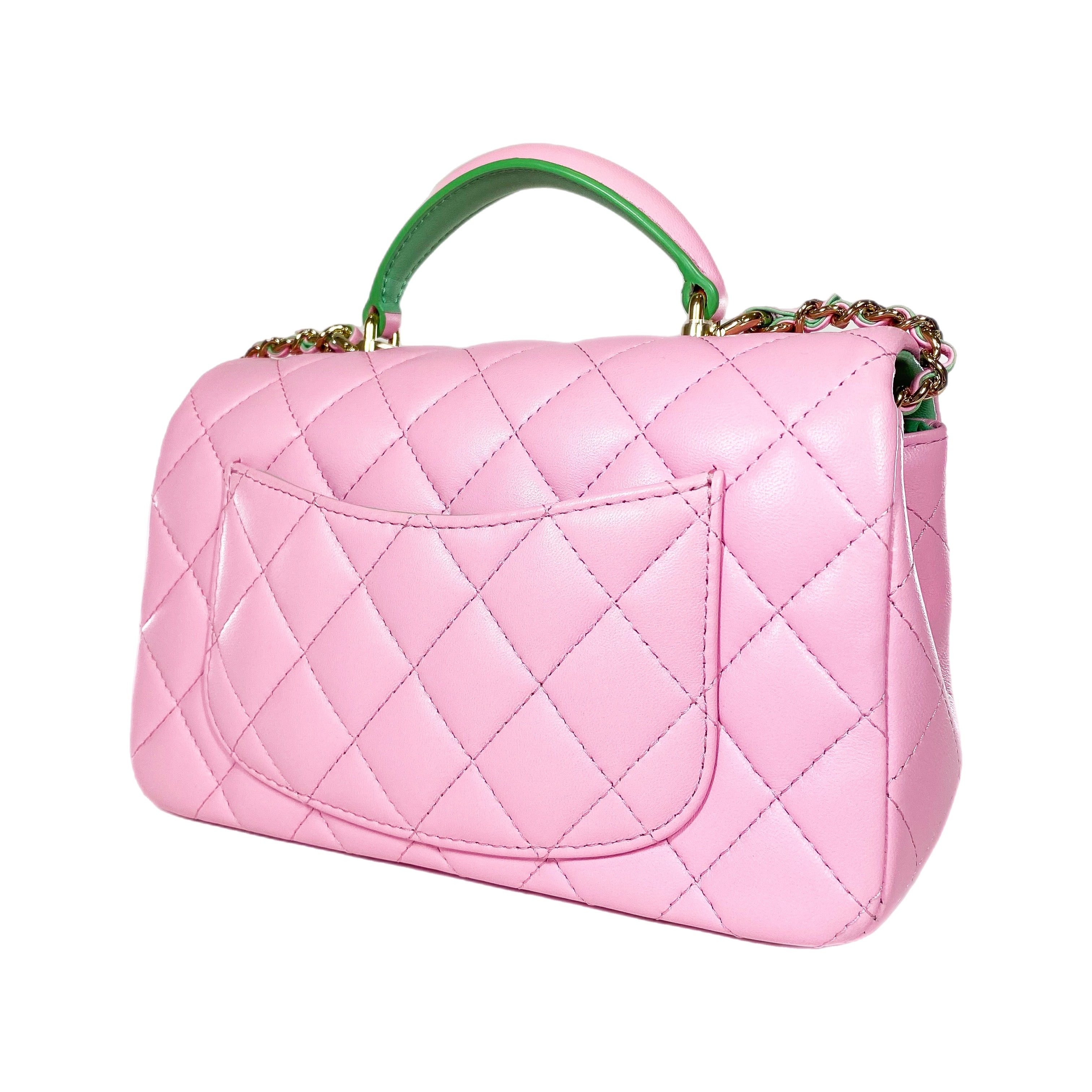 Chanel Pink Green Mini Top Handle Flap Bag