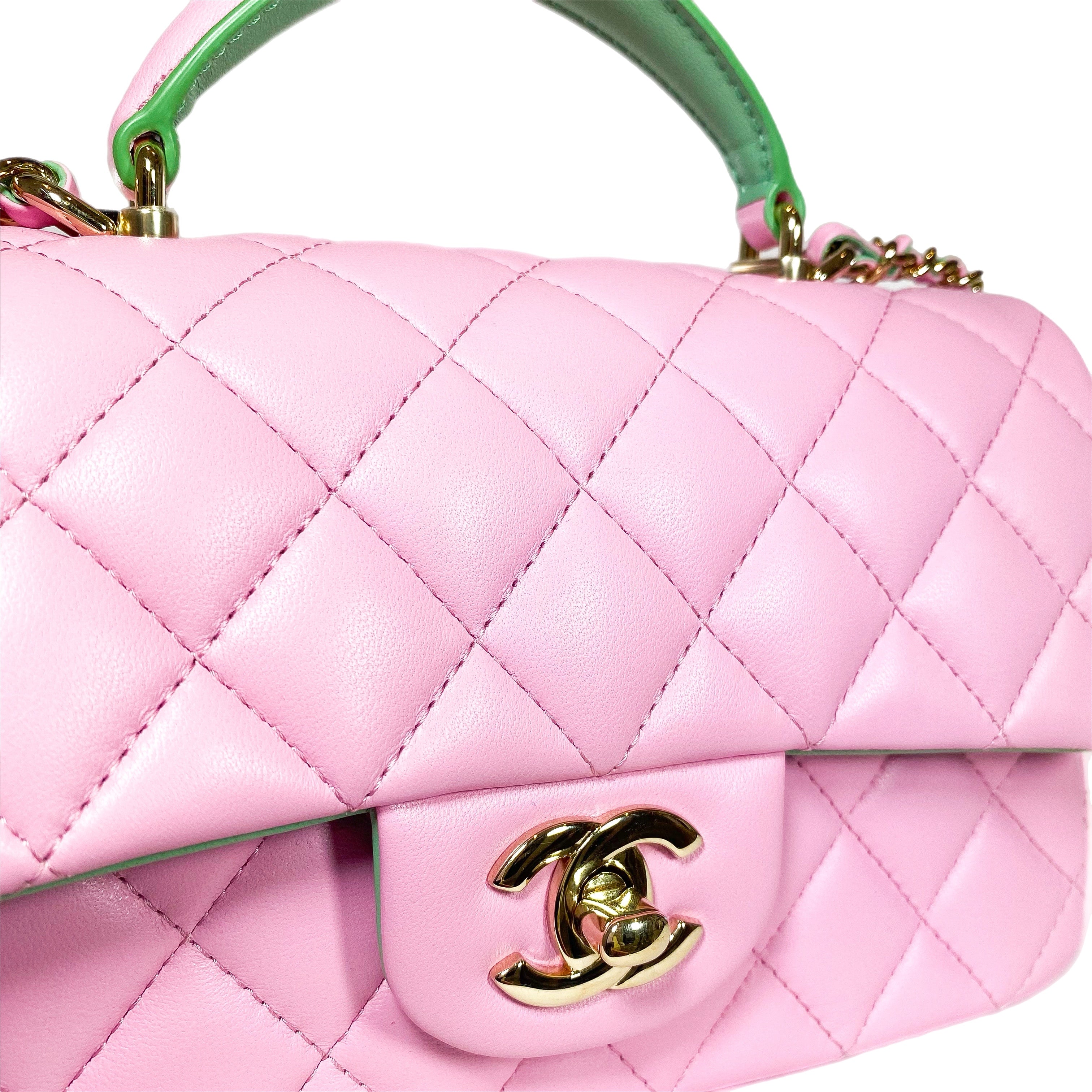 Chanel Pink Green Mini Top Handle Flap Bag