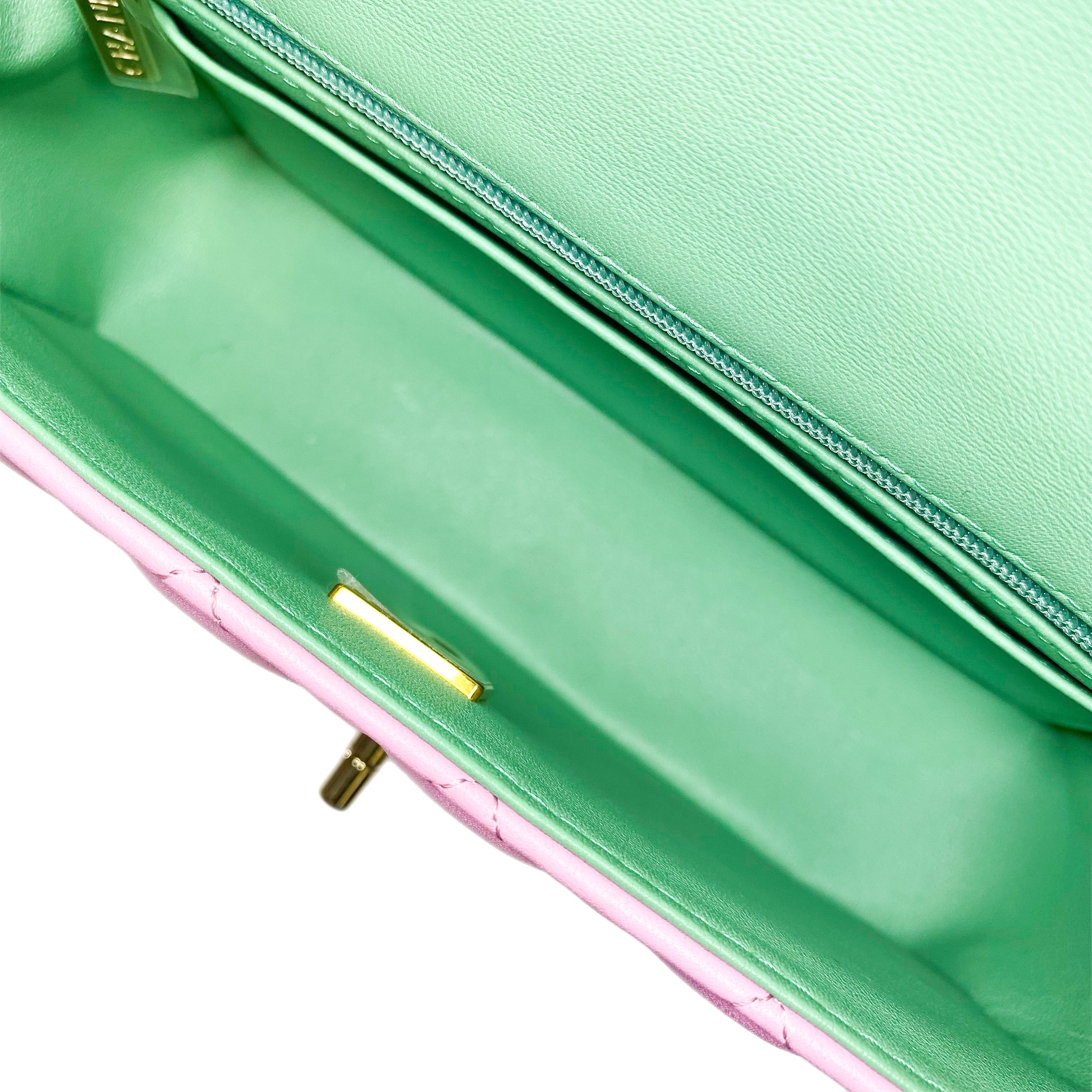 Chanel Pink Green Mini Top Handle Flap Bag