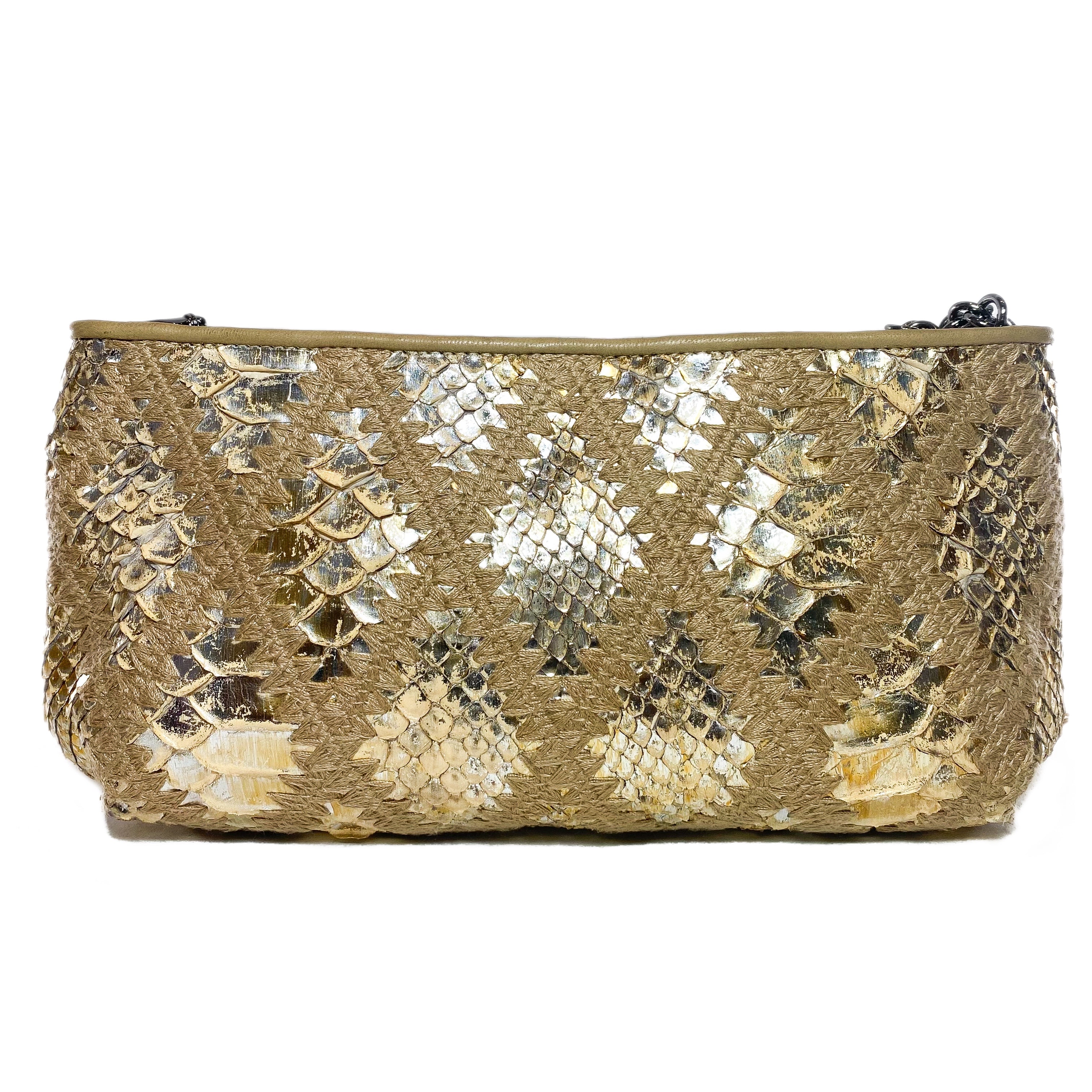 Chanel Gold Beige Crochet Snakeskin Chain Pochette