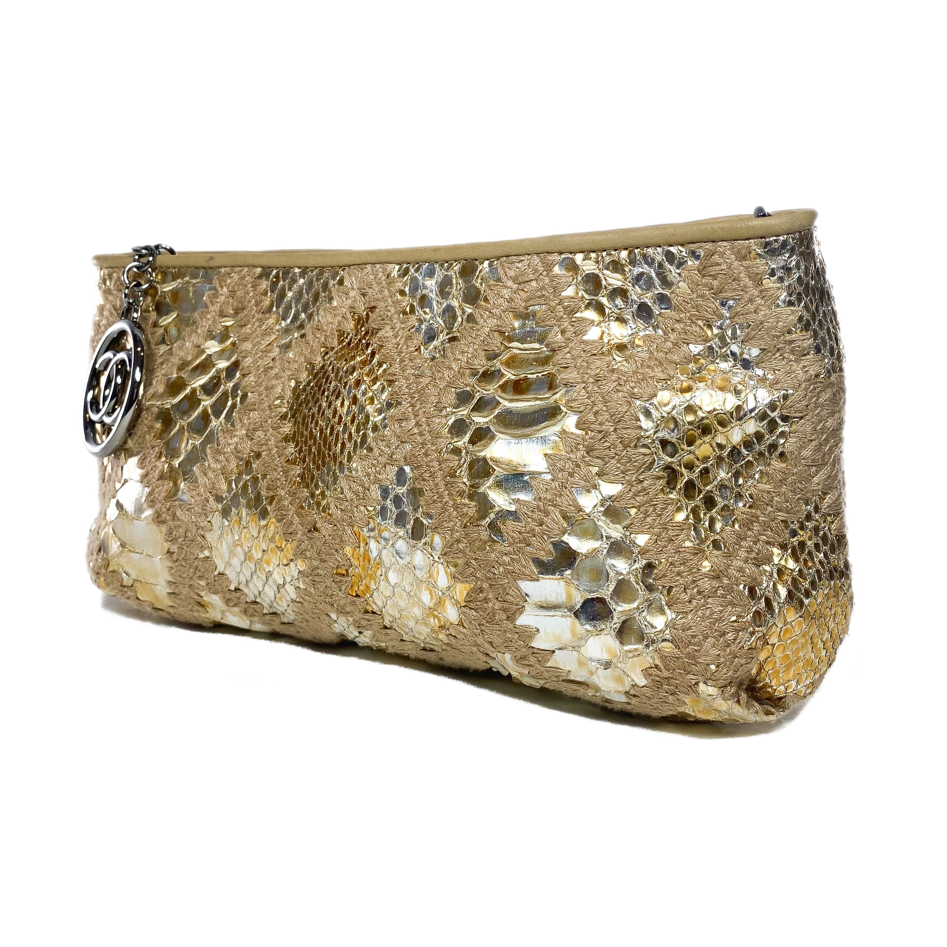 Chanel Gold Beige Crochet Snakeskin Chain Pochette