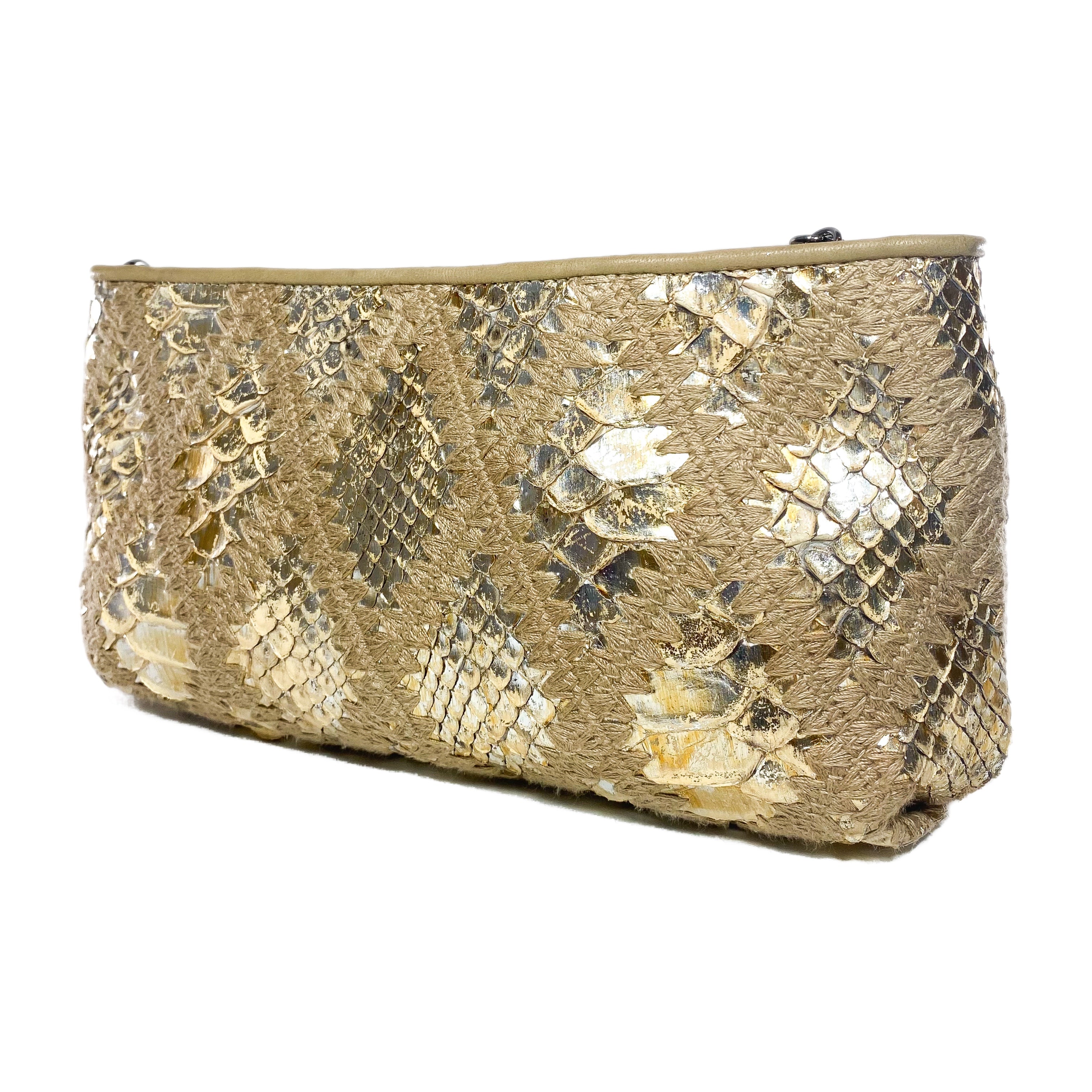 Chanel Gold Beige Crochet Snakeskin Chain Pochette