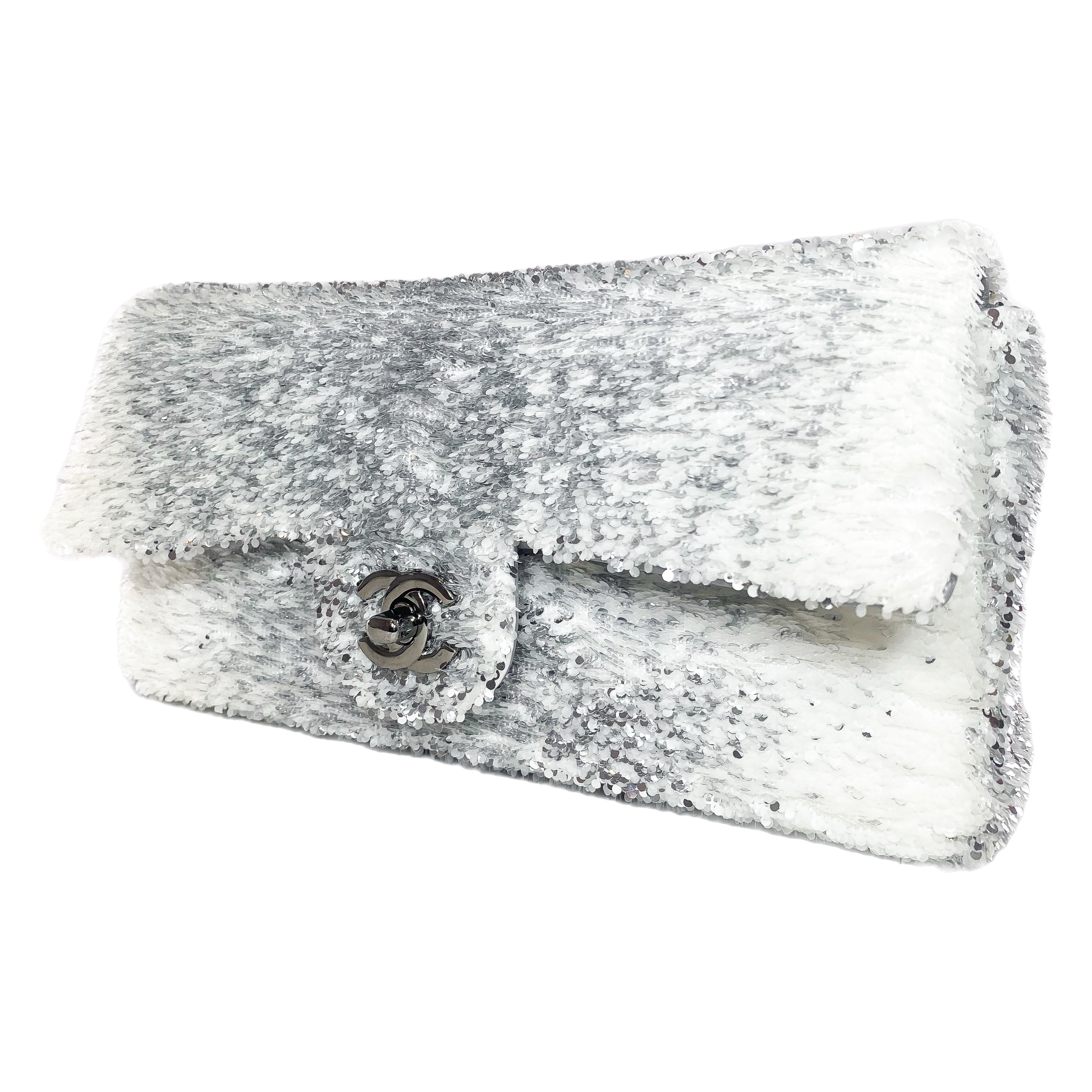 Chanel White Silver Sequin Flap Bag