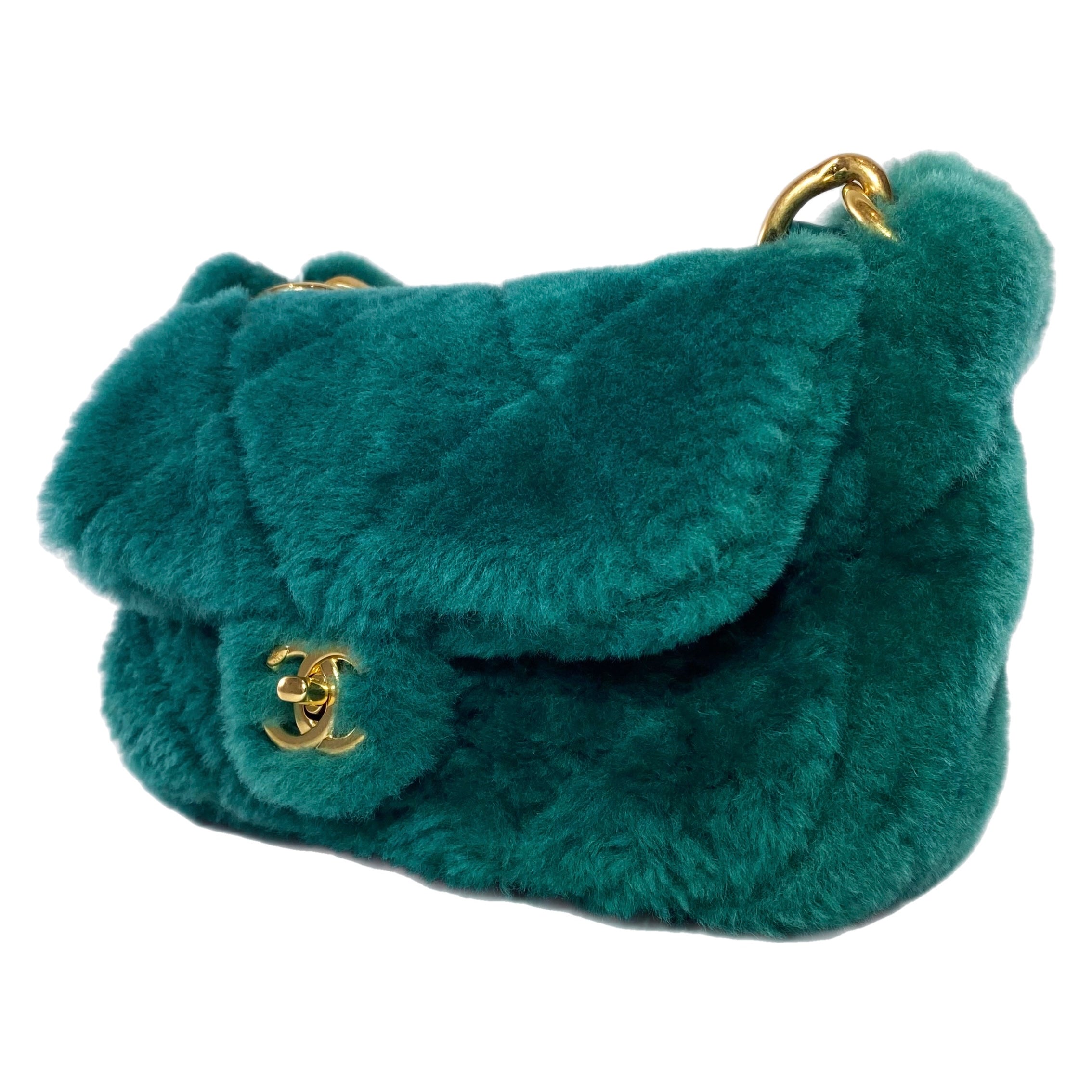 Chanel Green Shearling Quilted Crossbody Bag