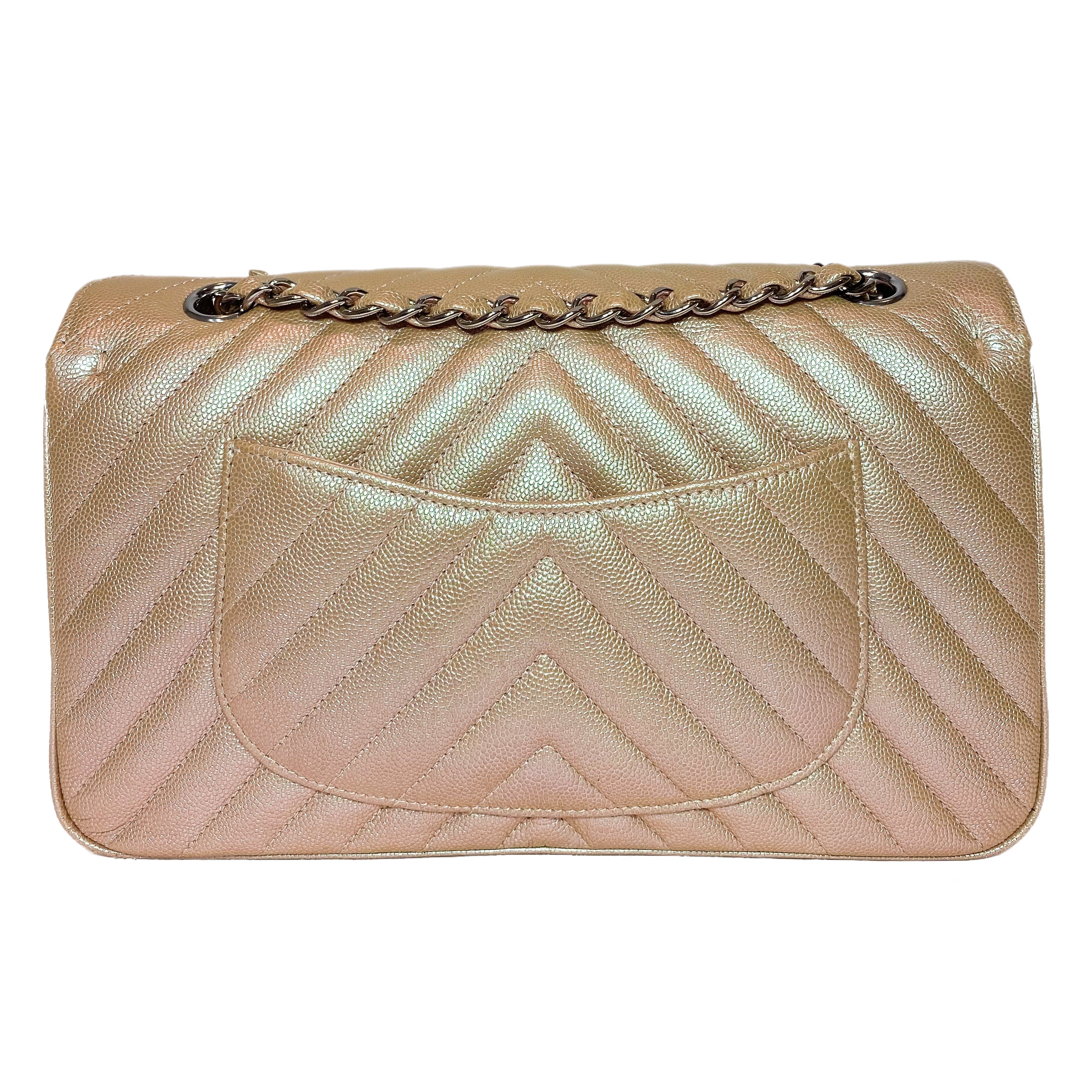 Chanel Iridescent Light Gold Chevron Medium Double Flap Bag