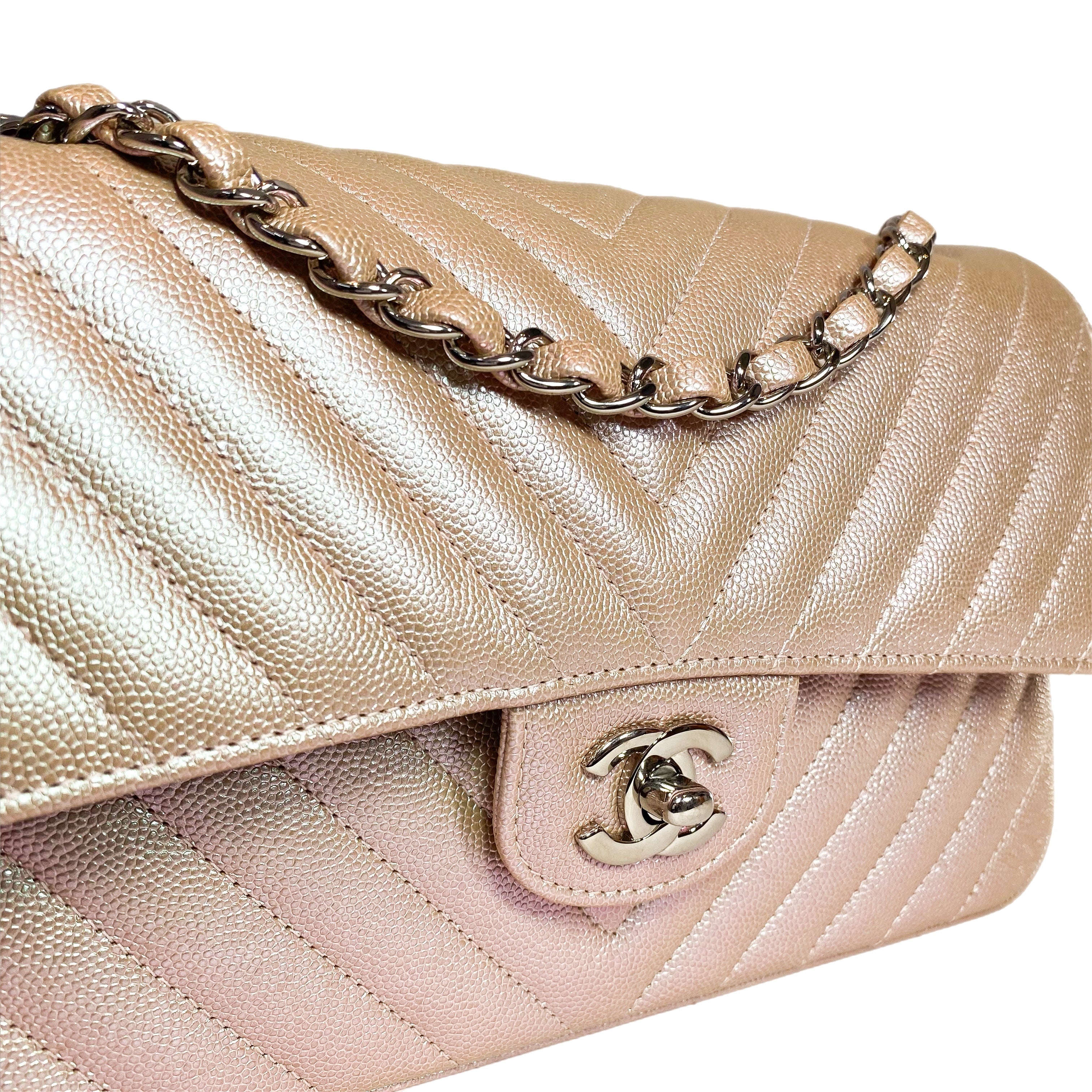 Chanel Iridescent Light Gold Chevron Medium Double Flap Bag