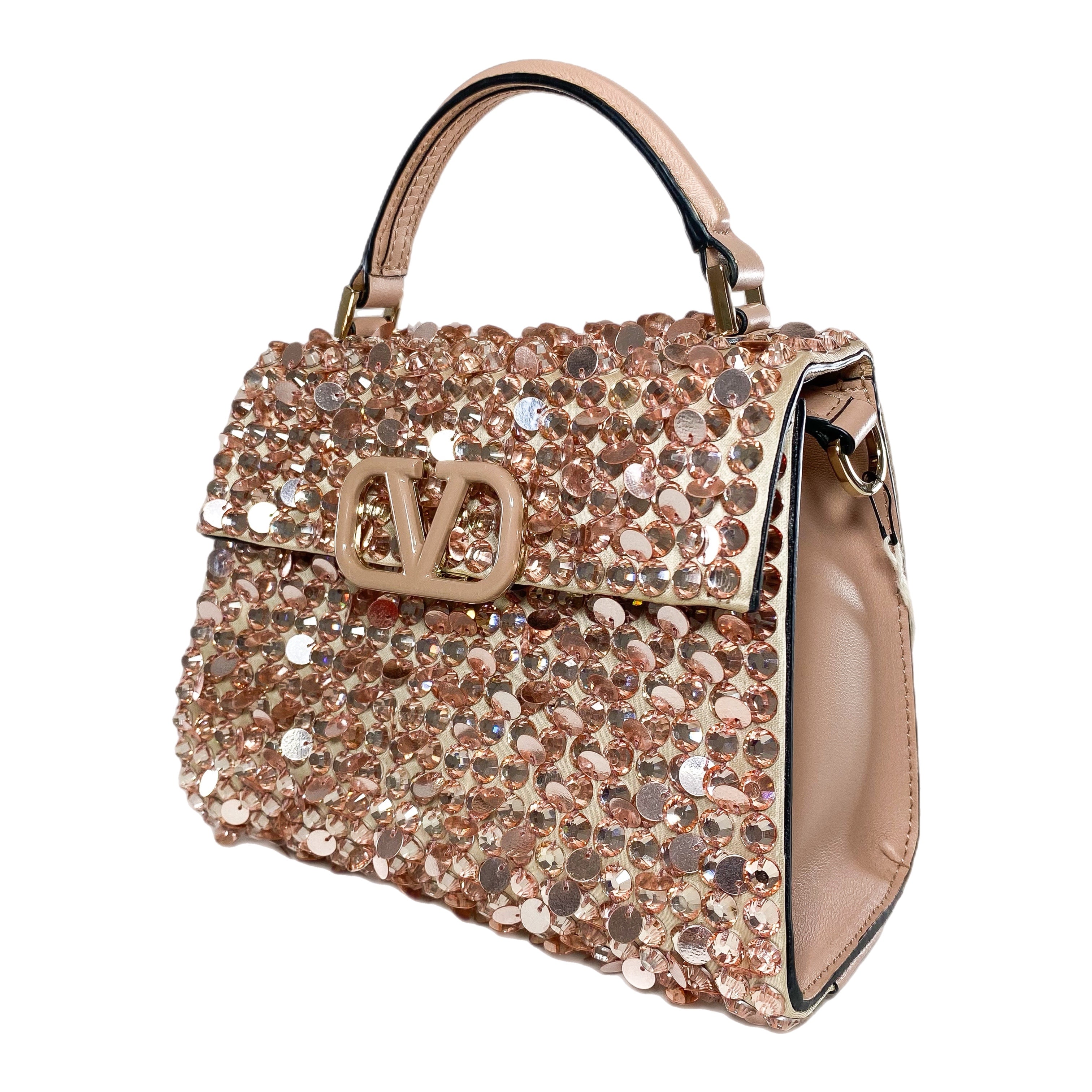 Valentino Peach Rose Mist Sequin Crystal Embroidered Mini Vsling Top Handle Bag