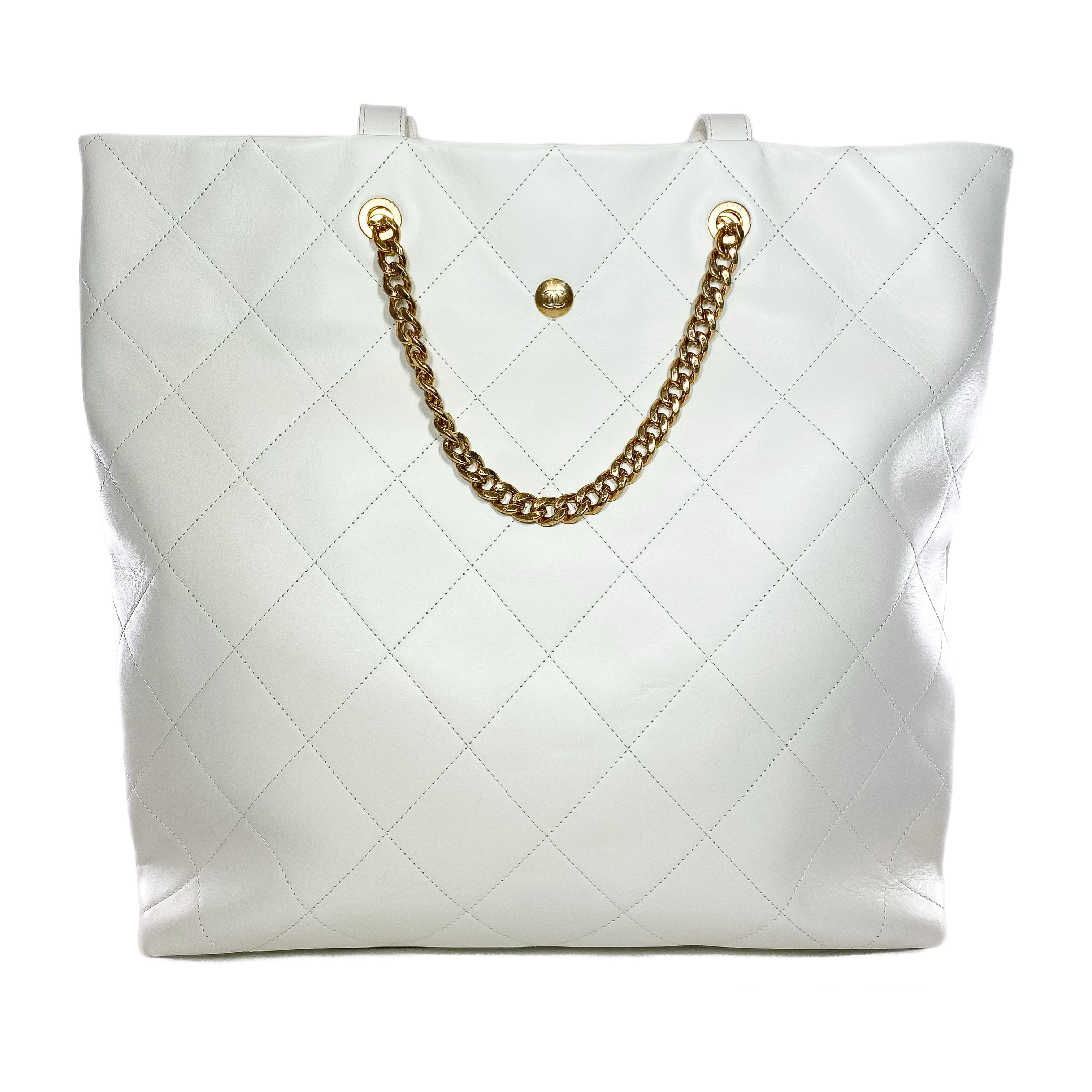 Chanel White Stitched CC Shopper Tote