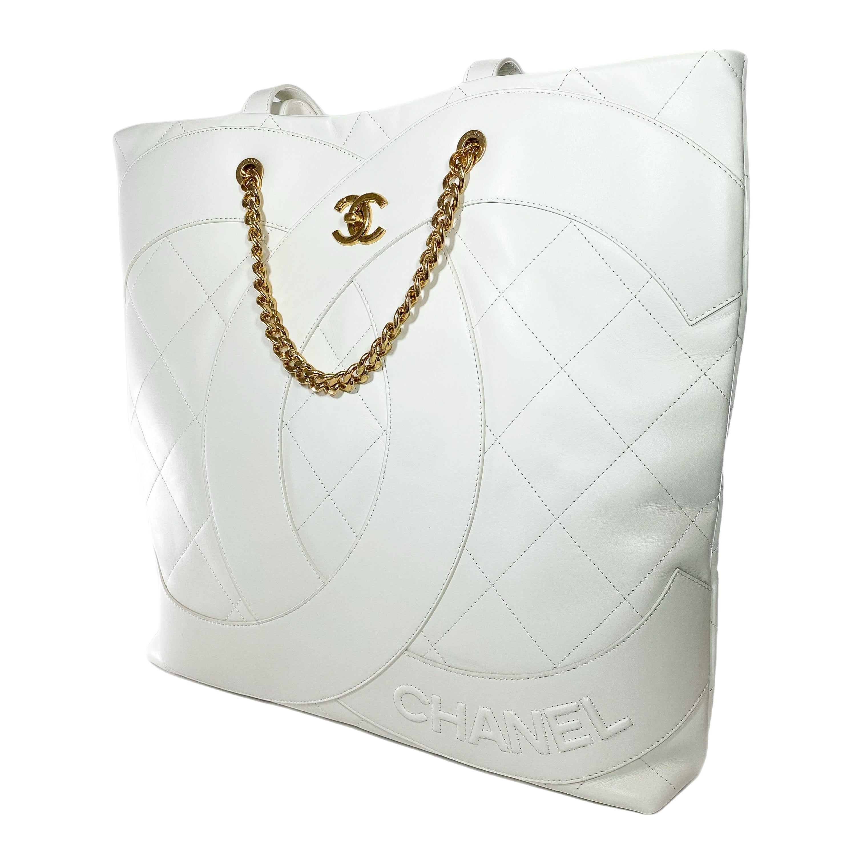 Chanel White Stitched CC Shopper Tote