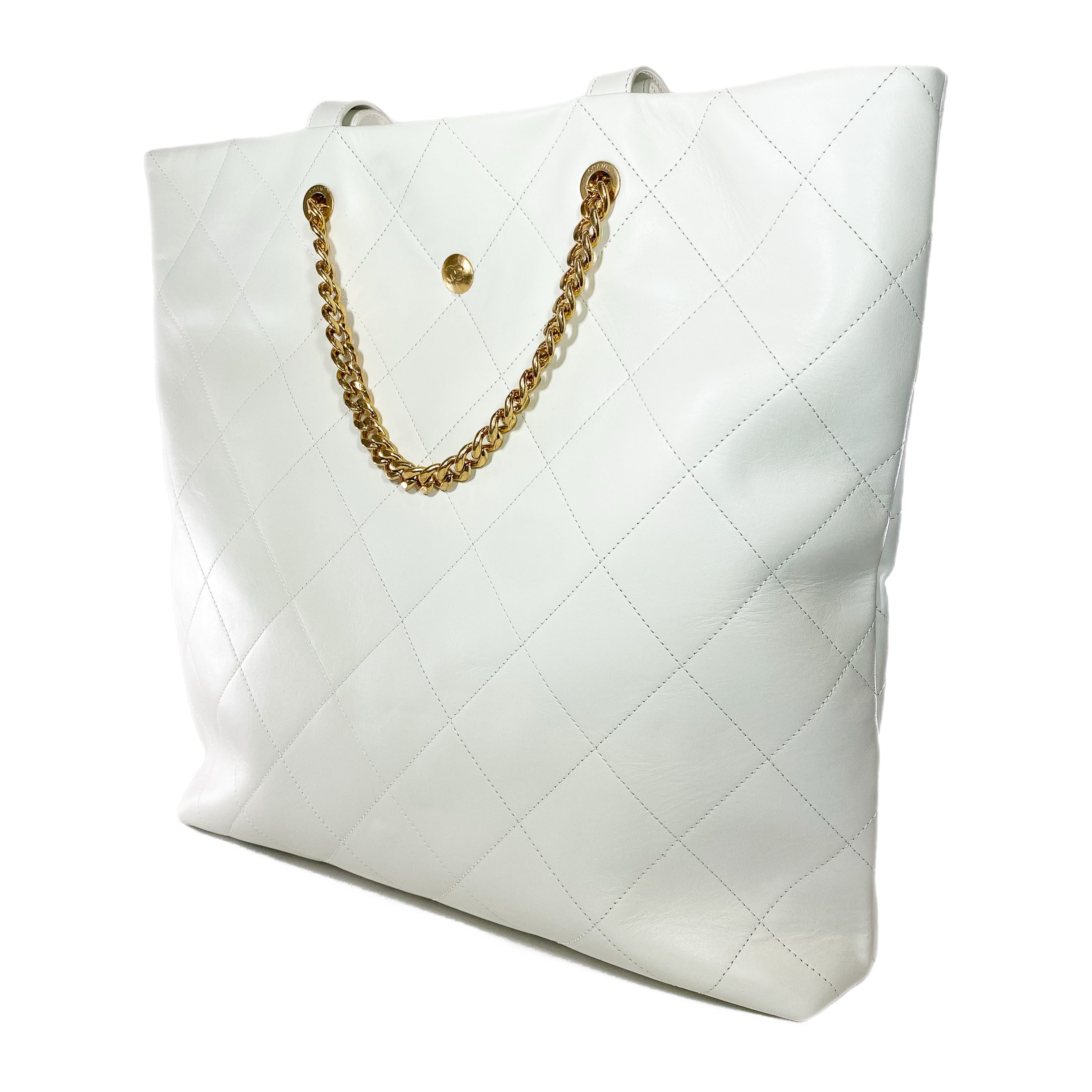 Chanel White Stitched CC Shopper Tote