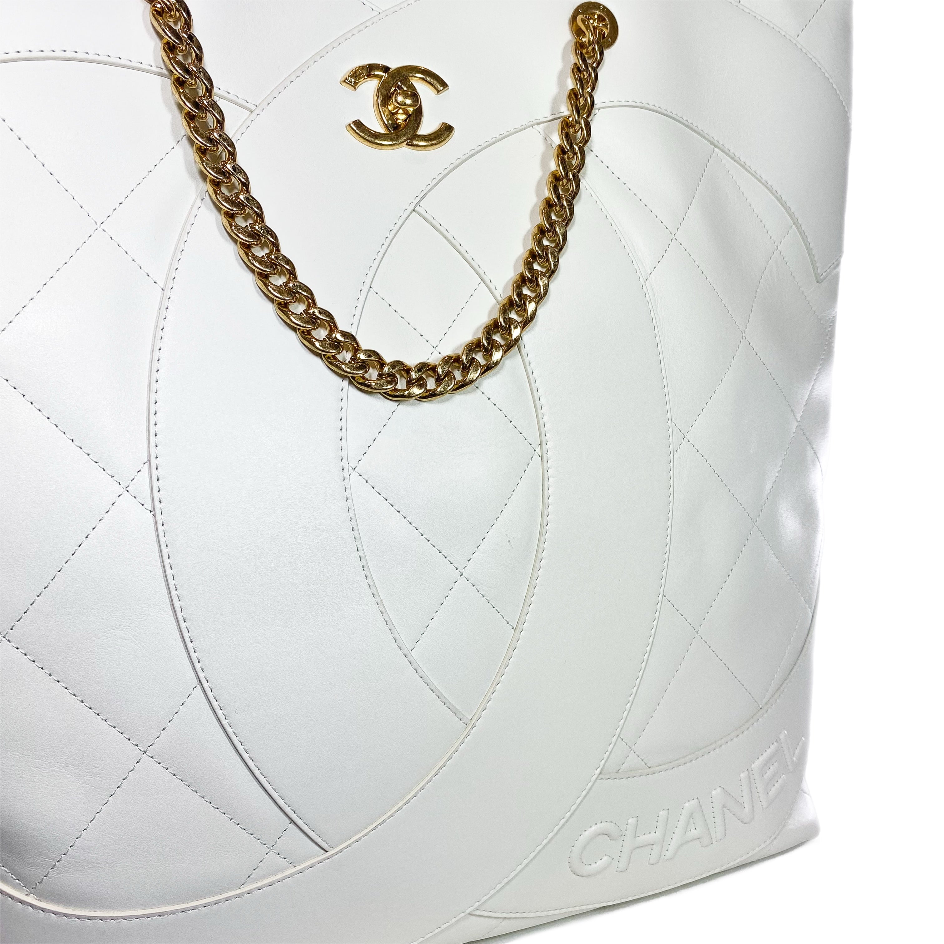 Chanel White Stitched CC Shopper Tote