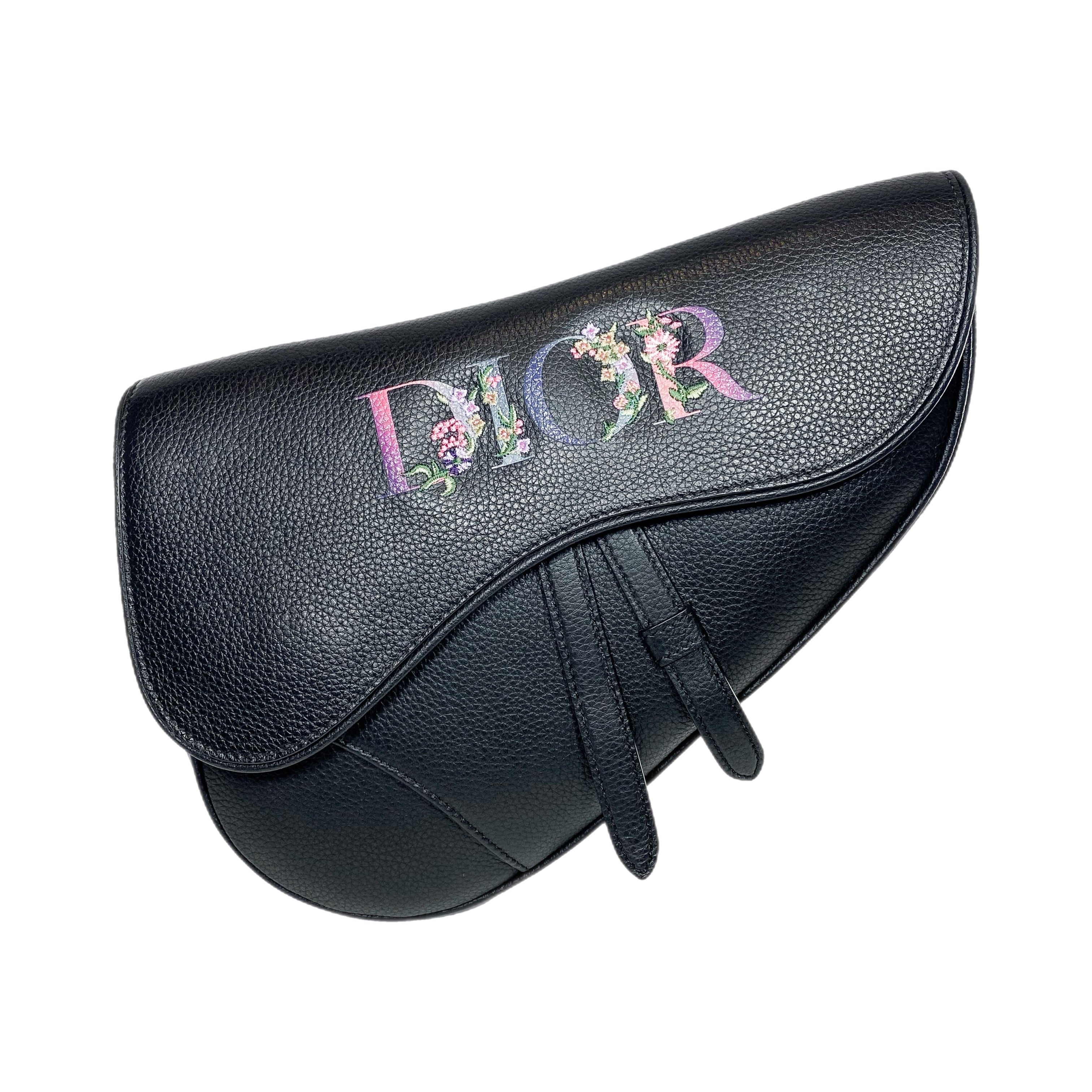 Dior Men Floral Black Matte Saddle Bag