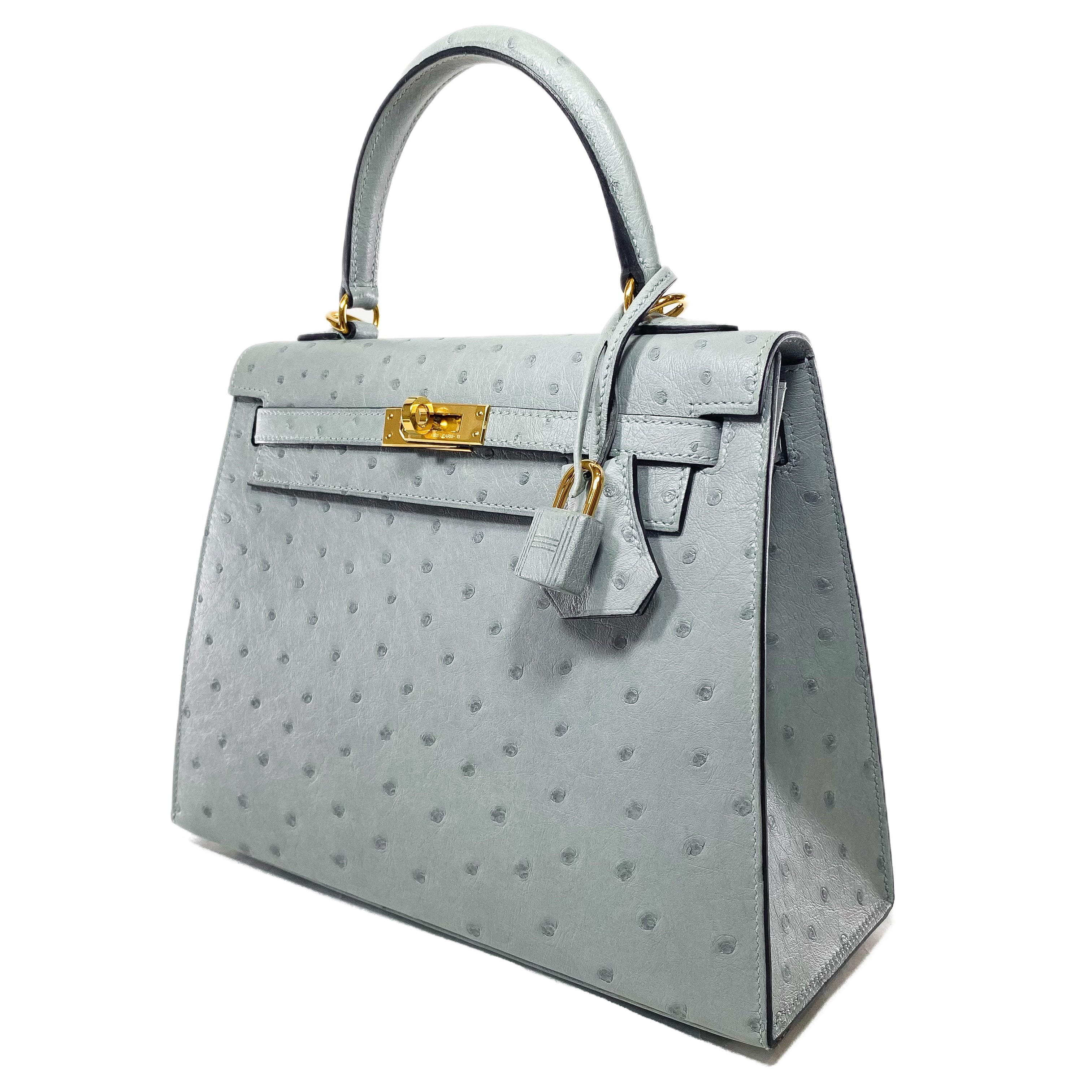 Hermes Kelly 25 Blue Glacier Ostrich Gold Hardware