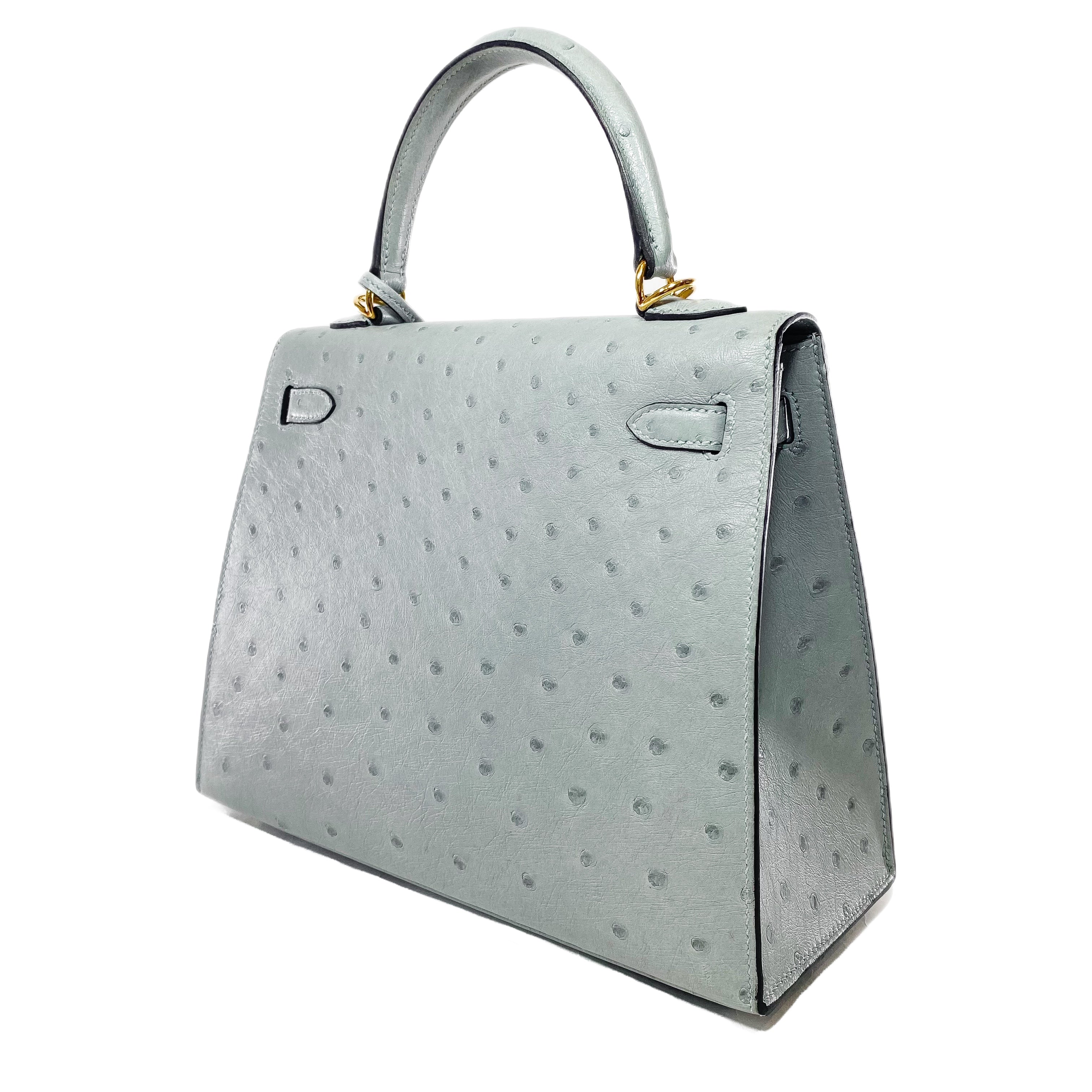 Hermes Kelly 25 Blue Glacier Ostrich Gold Hardware