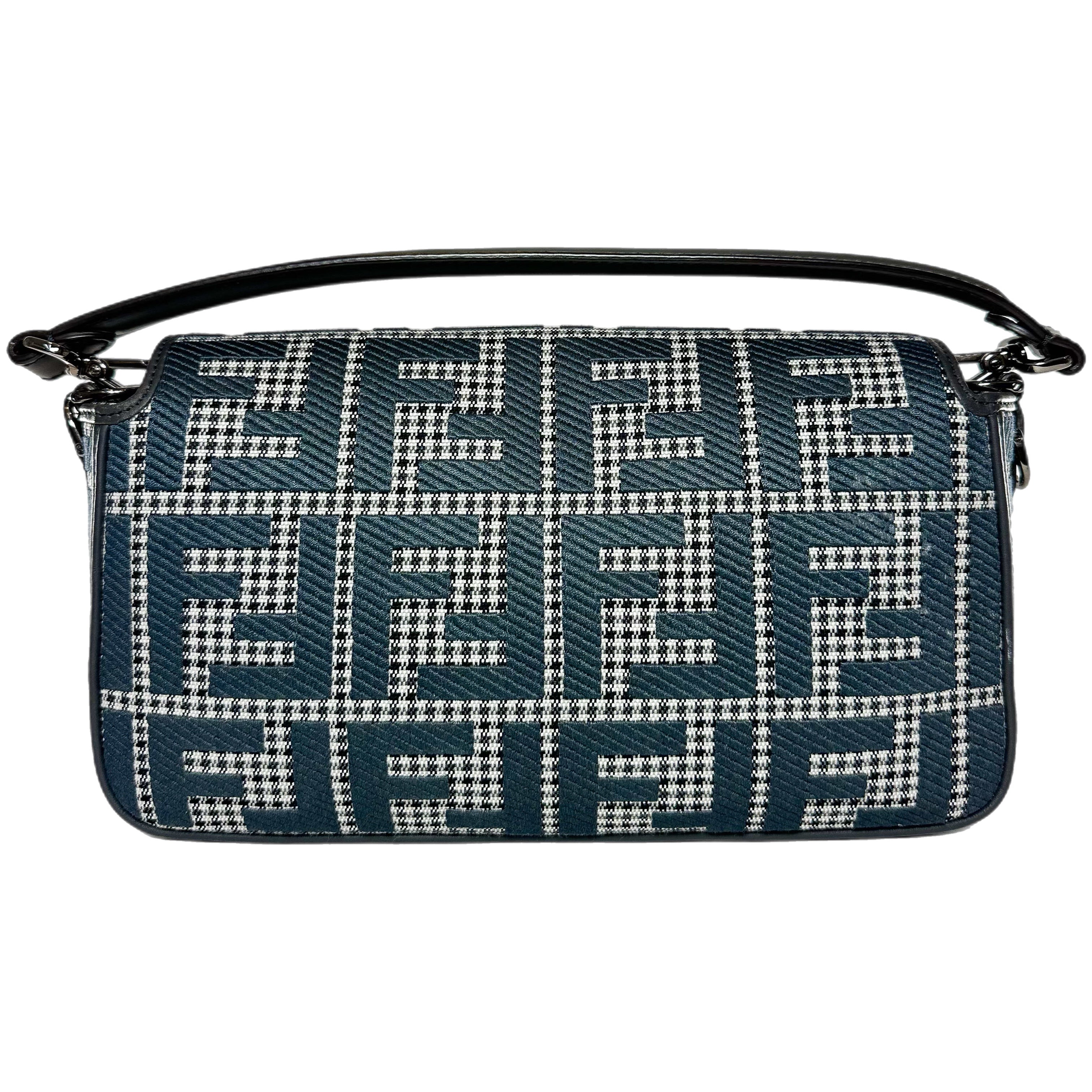 Fendi Anthracite Grigio Houndstooth FF Logo Embroidered Baguette