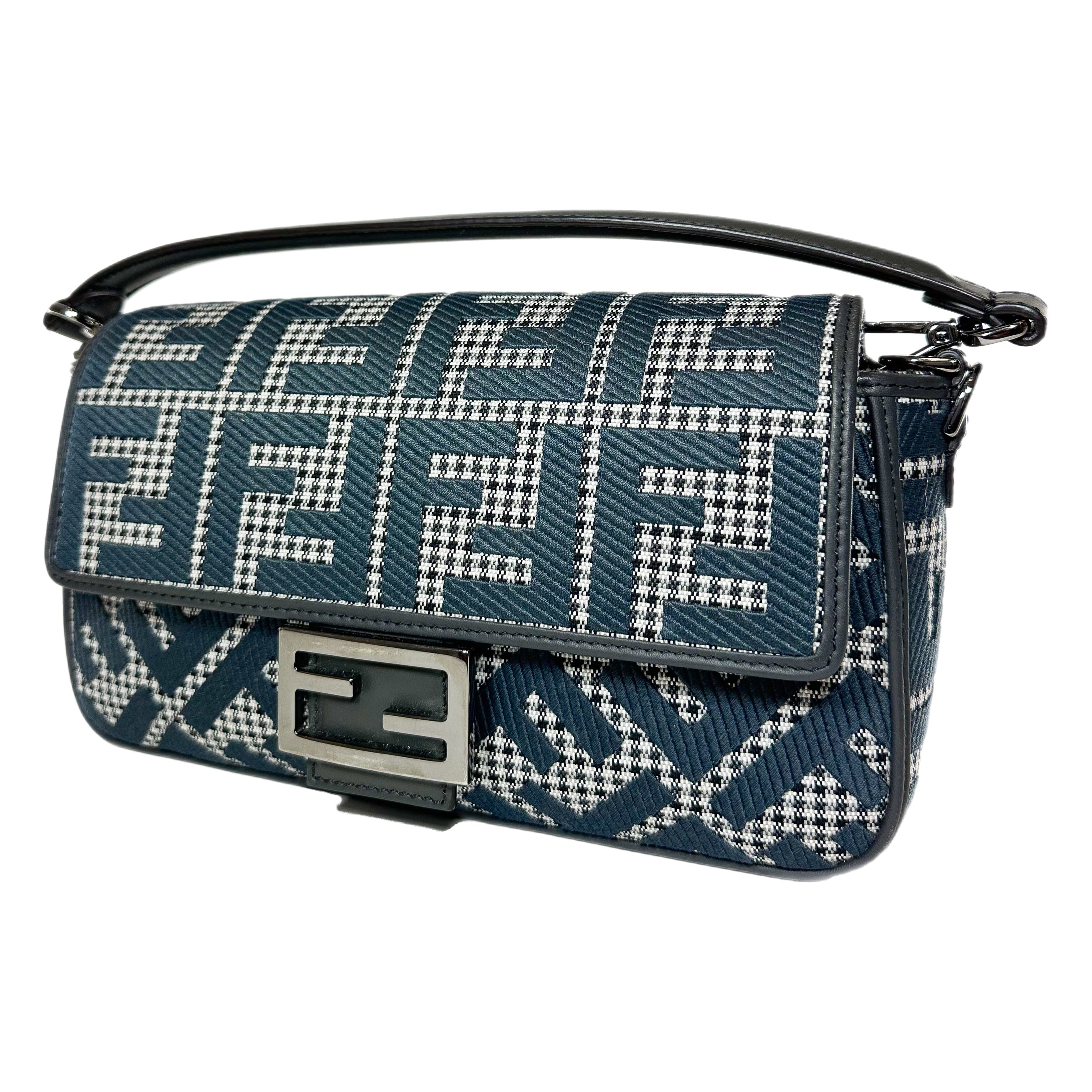 Fendi Anthracite Grigio Houndstooth FF Logo Embroidered Baguette