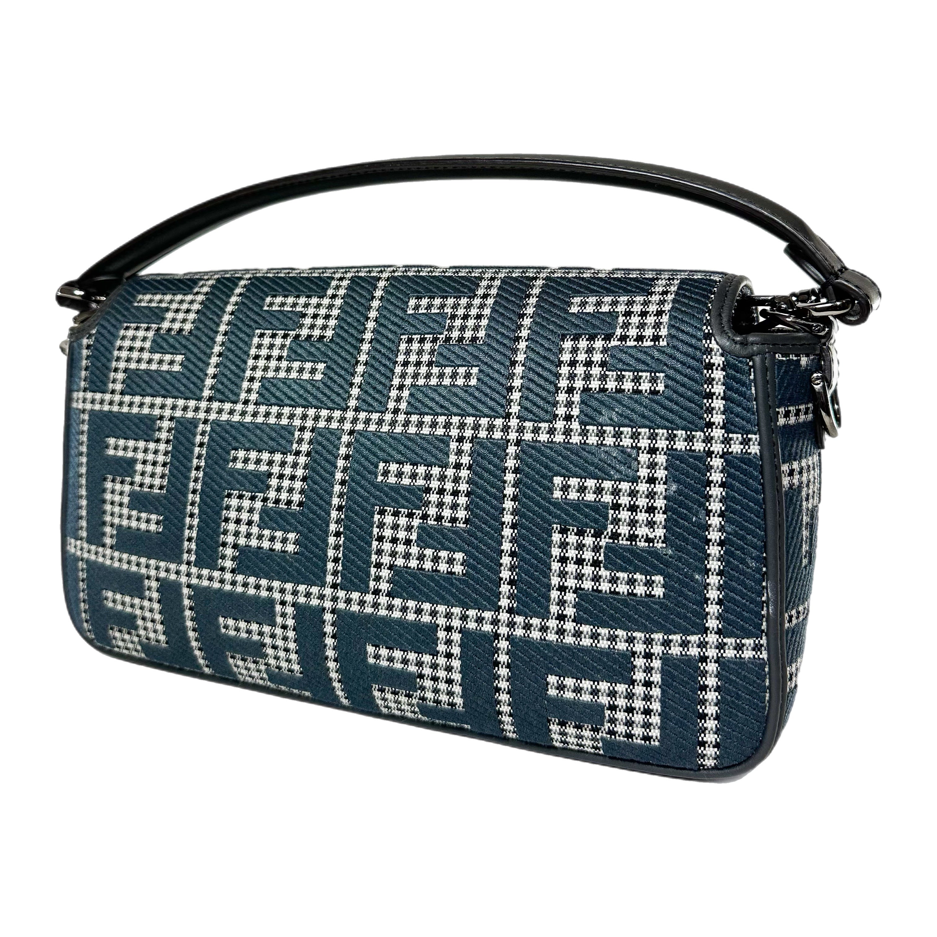 Fendi Anthracite Grigio Houndstooth FF Logo Embroidered Baguette