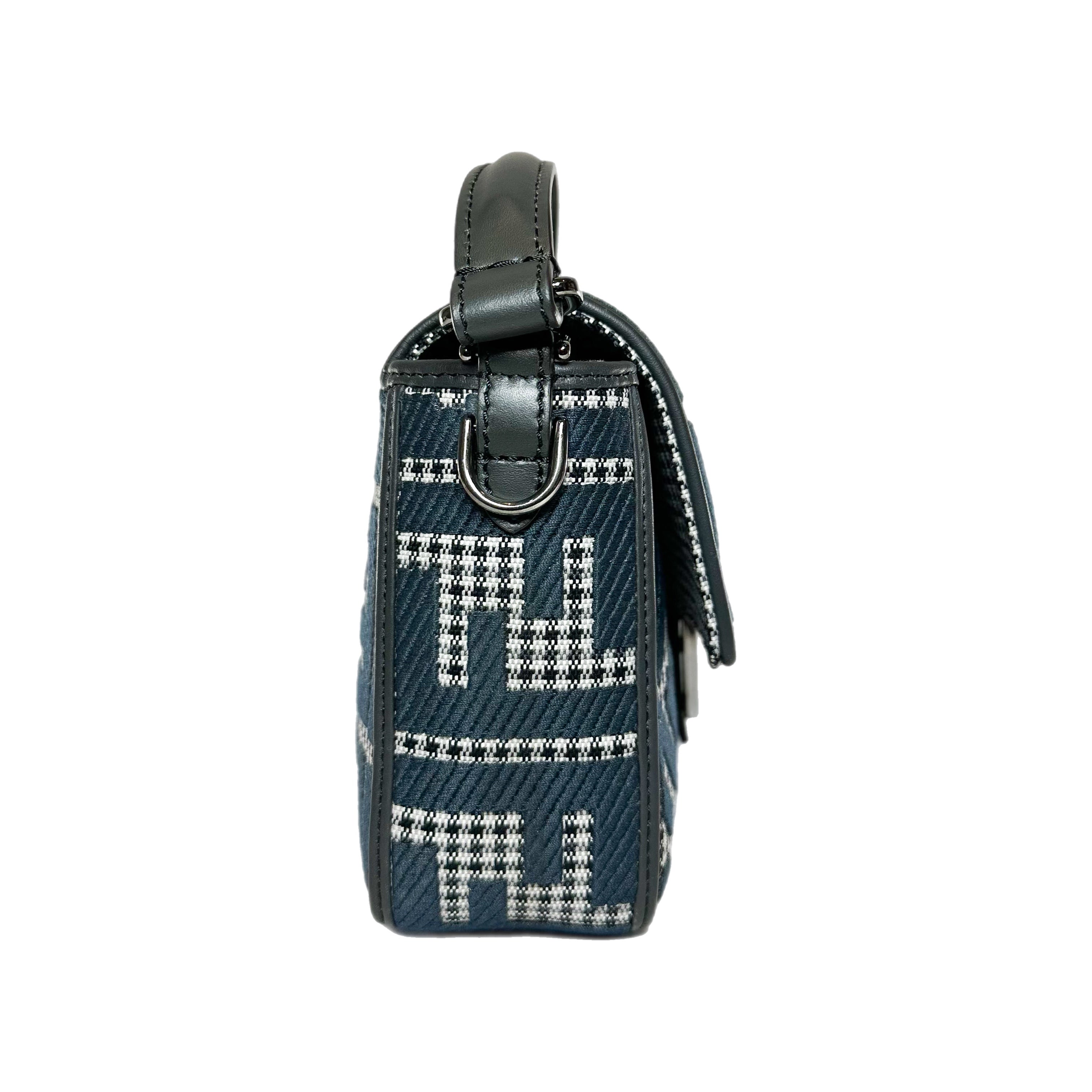 Fendi Anthracite Grigio Houndstooth FF Logo Embroidered Baguette