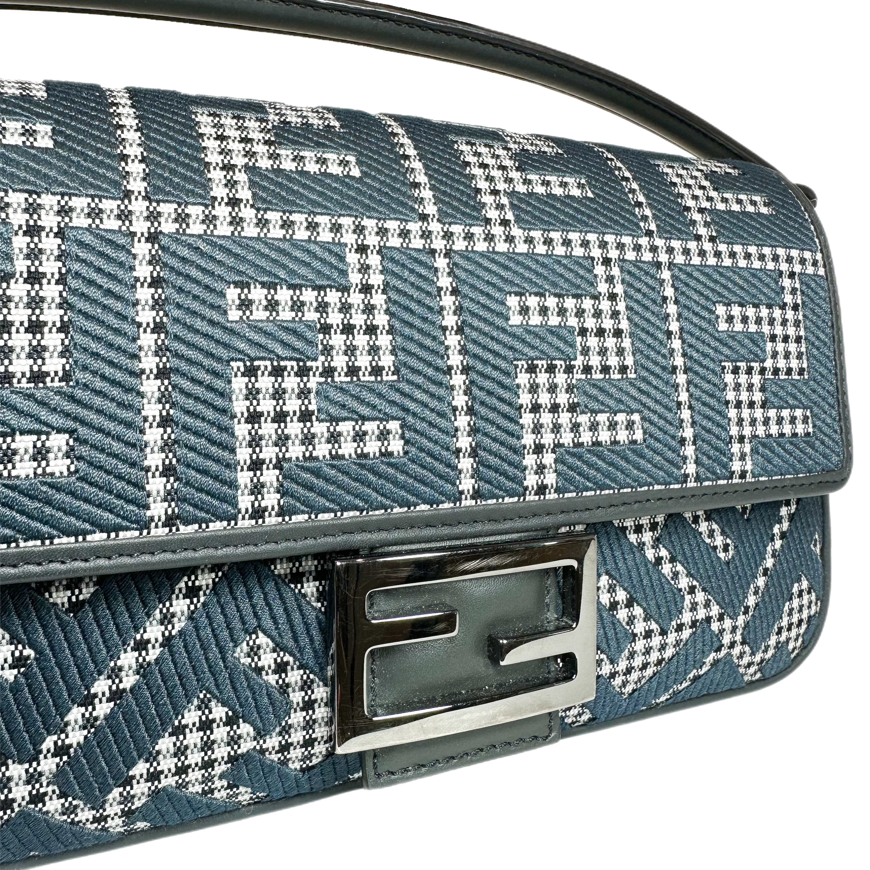 Fendi Anthracite Grigio Houndstooth FF Logo Embroidered Baguette