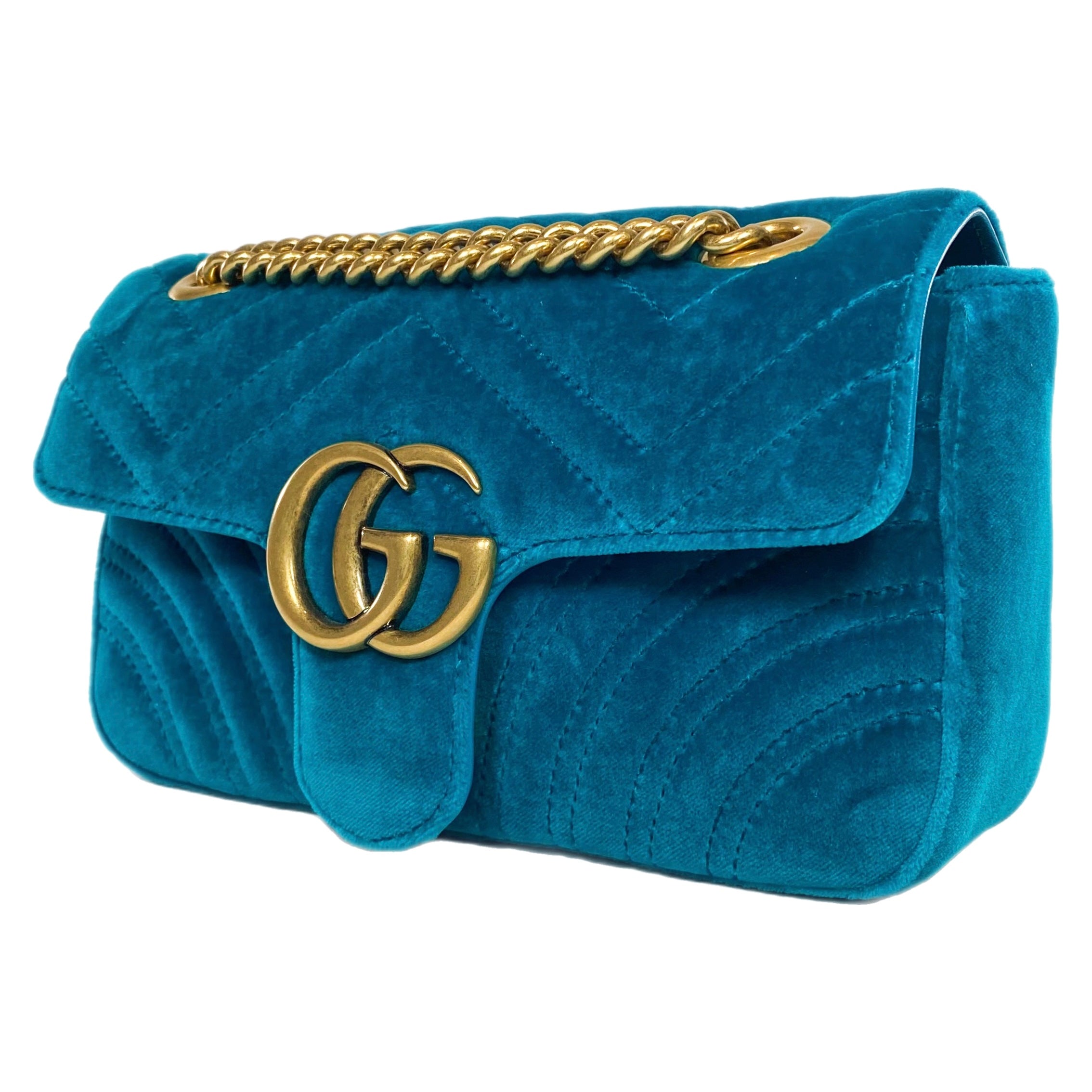 Gucci Petrol Blue Velvet Mini Marmont Pavone Shoulder Bag Consign of the Times