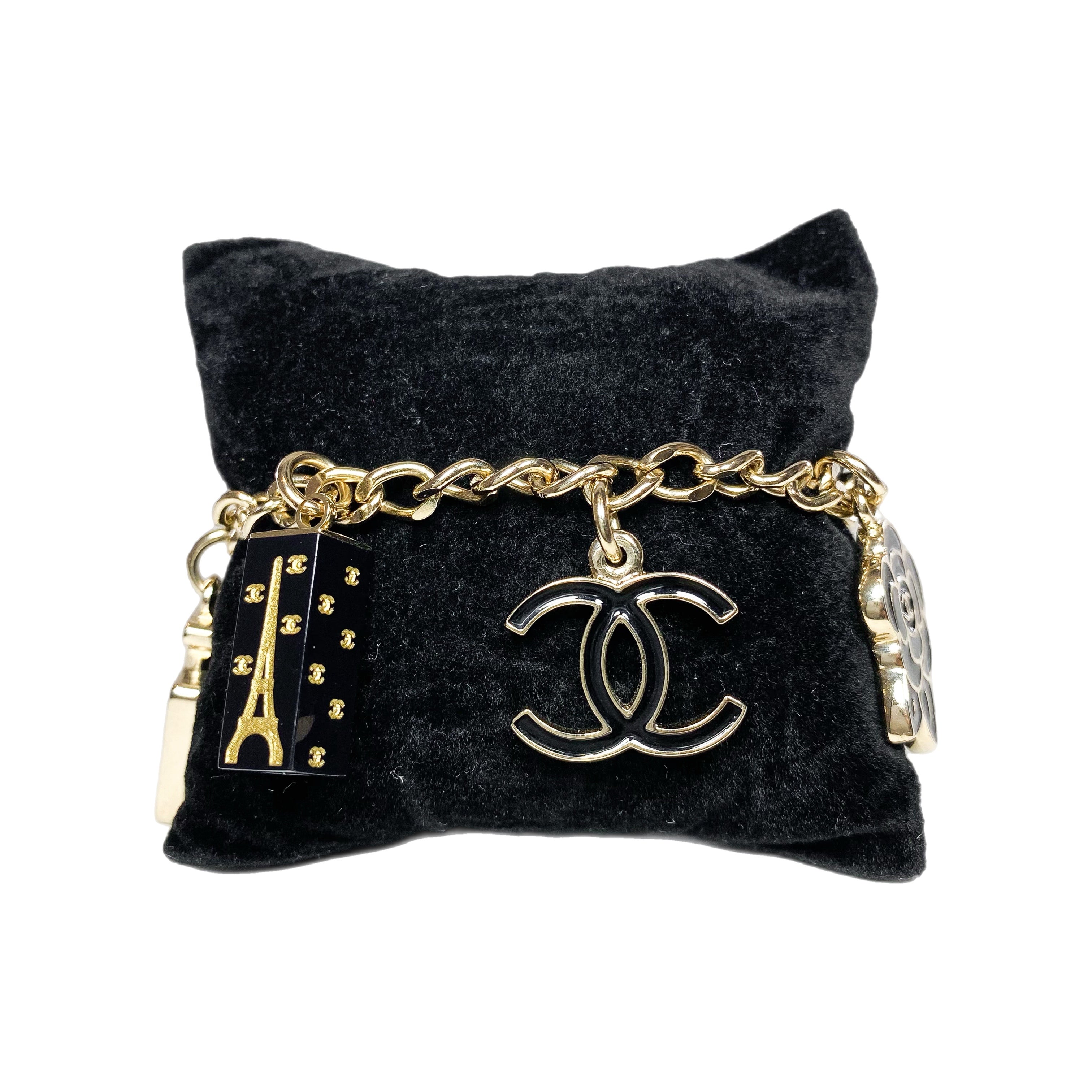 Chanel Light Gold Black Enamel CC Charm Bracelet