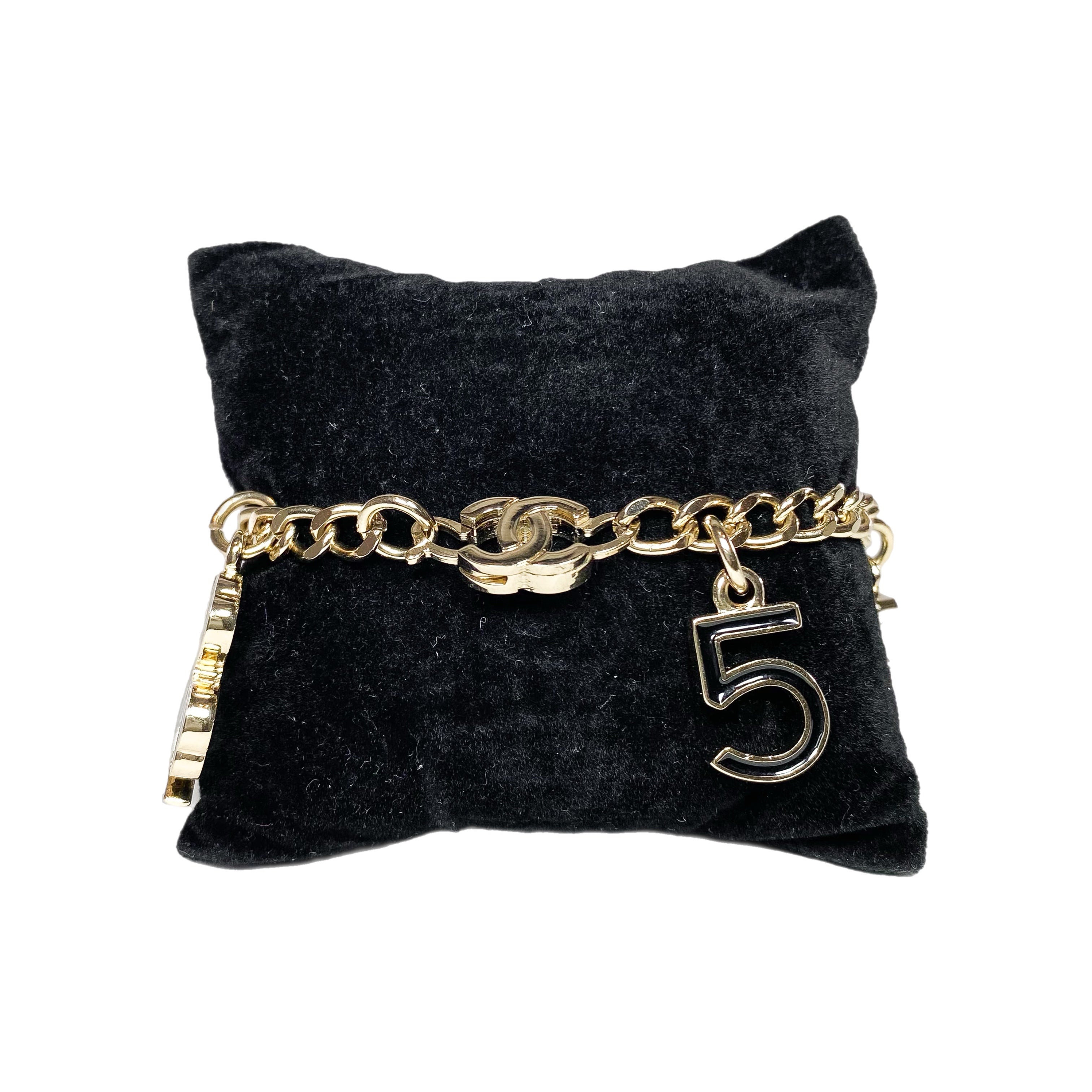 Chanel Light Gold Black Enamel CC Charm Bracelet