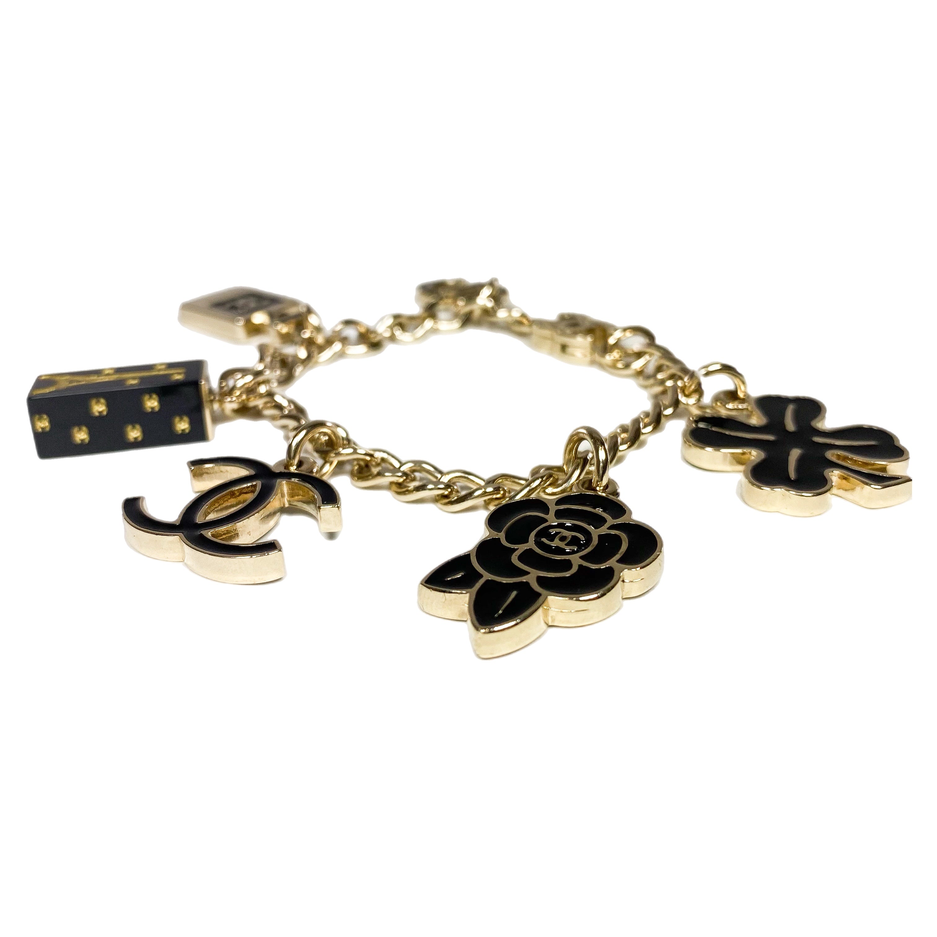 Chanel Light Gold Black Enamel CC Charm Bracelet