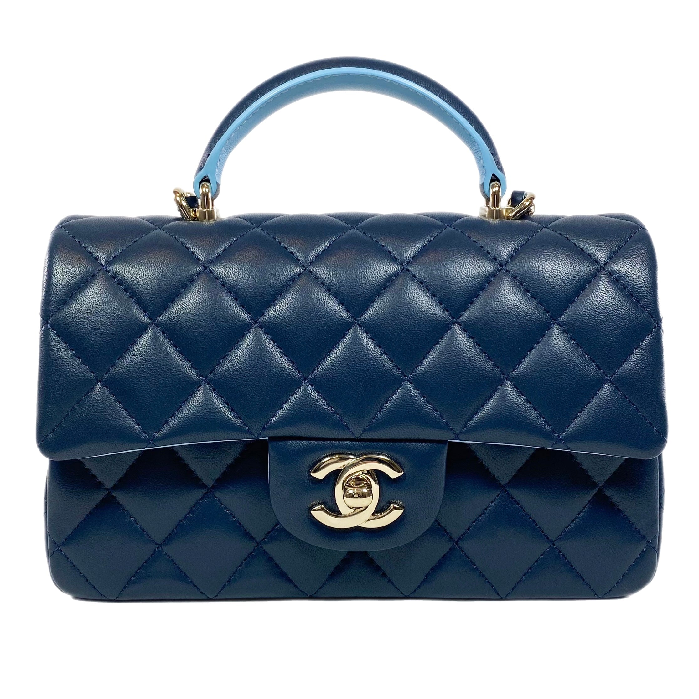 Chanel Quilted Lambskin Bi-Color Navy and Light Blue Mini Top Handle Rectangular Flap Bag