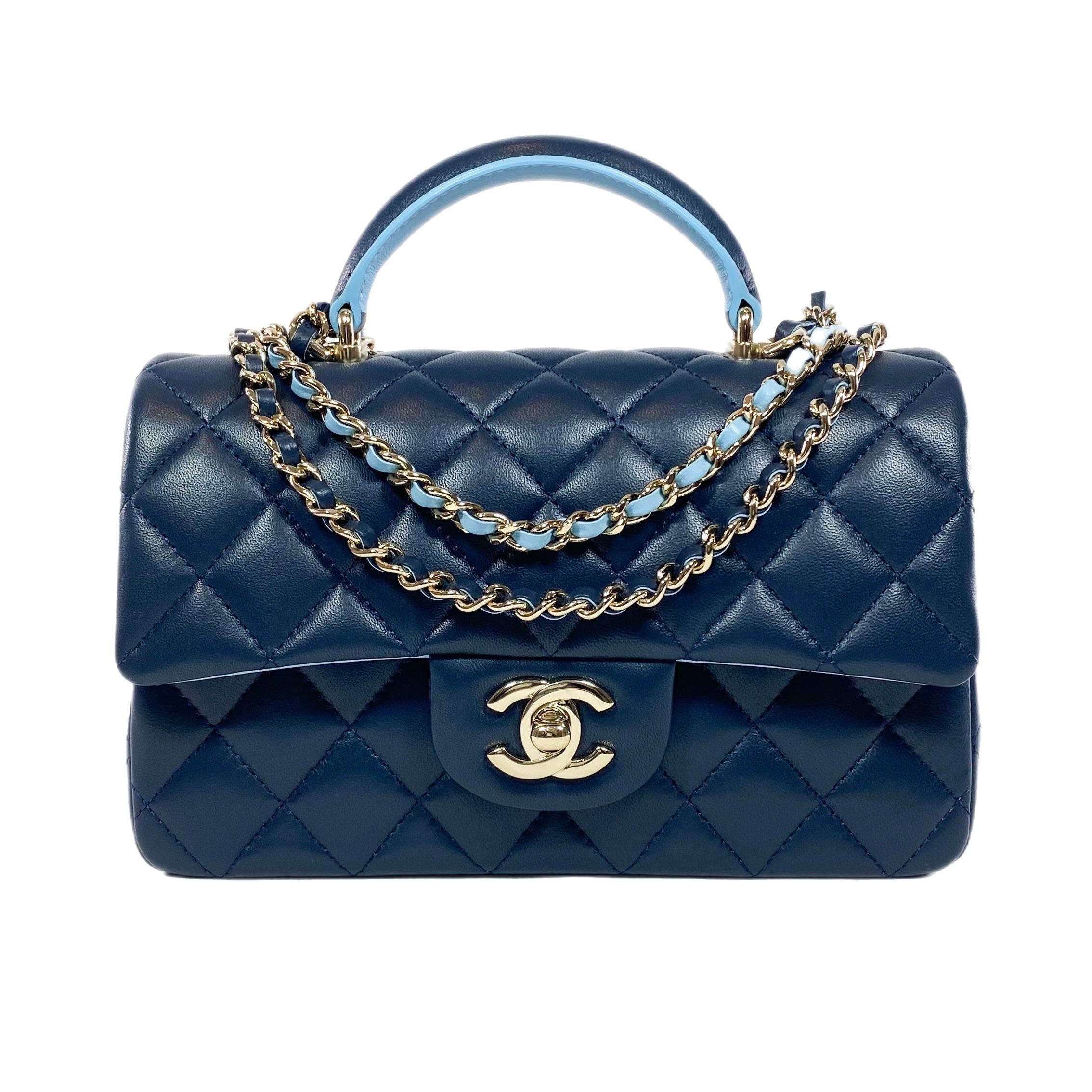 Chanel Quilted Lambskin Bi-Color Navy and Light Blue Mini Top Handle Rectangular Flap Bag