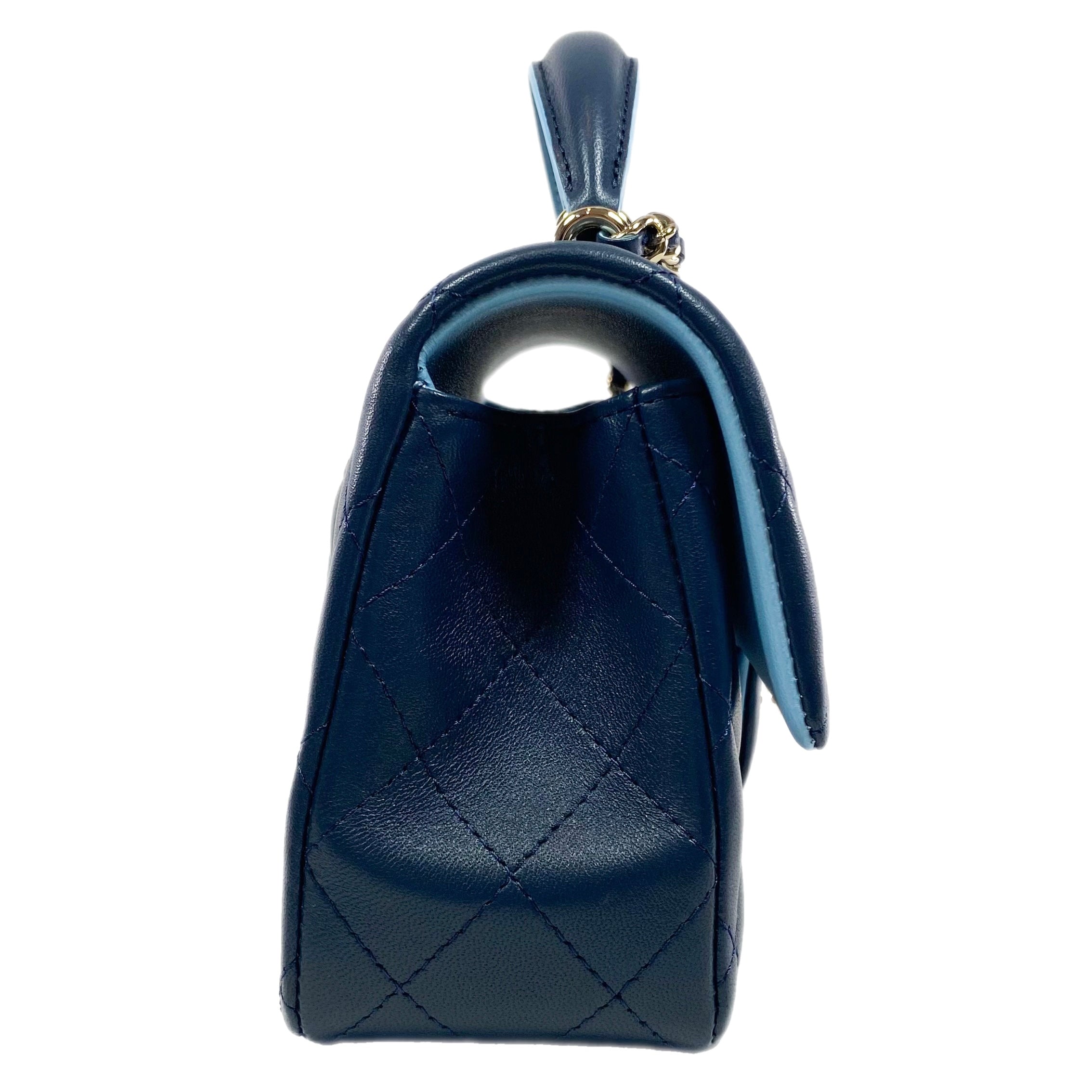 Chanel Quilted Lambskin Bi-Color Navy and Light Blue Mini Top Handle Rectangular Flap Bag