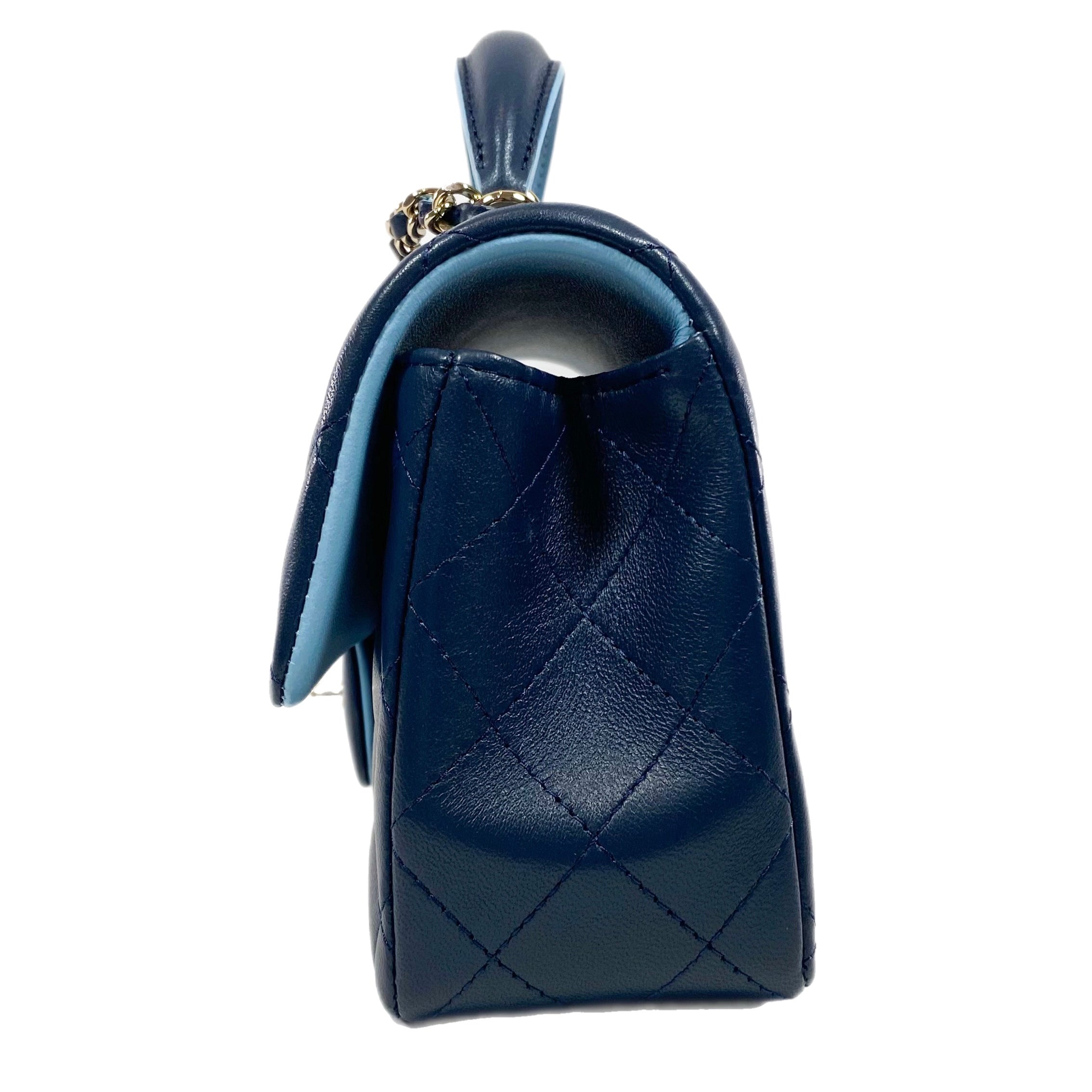 Chanel Quilted Lambskin Bi-Color Navy and Light Blue Mini Top Handle Rectangular Flap Bag