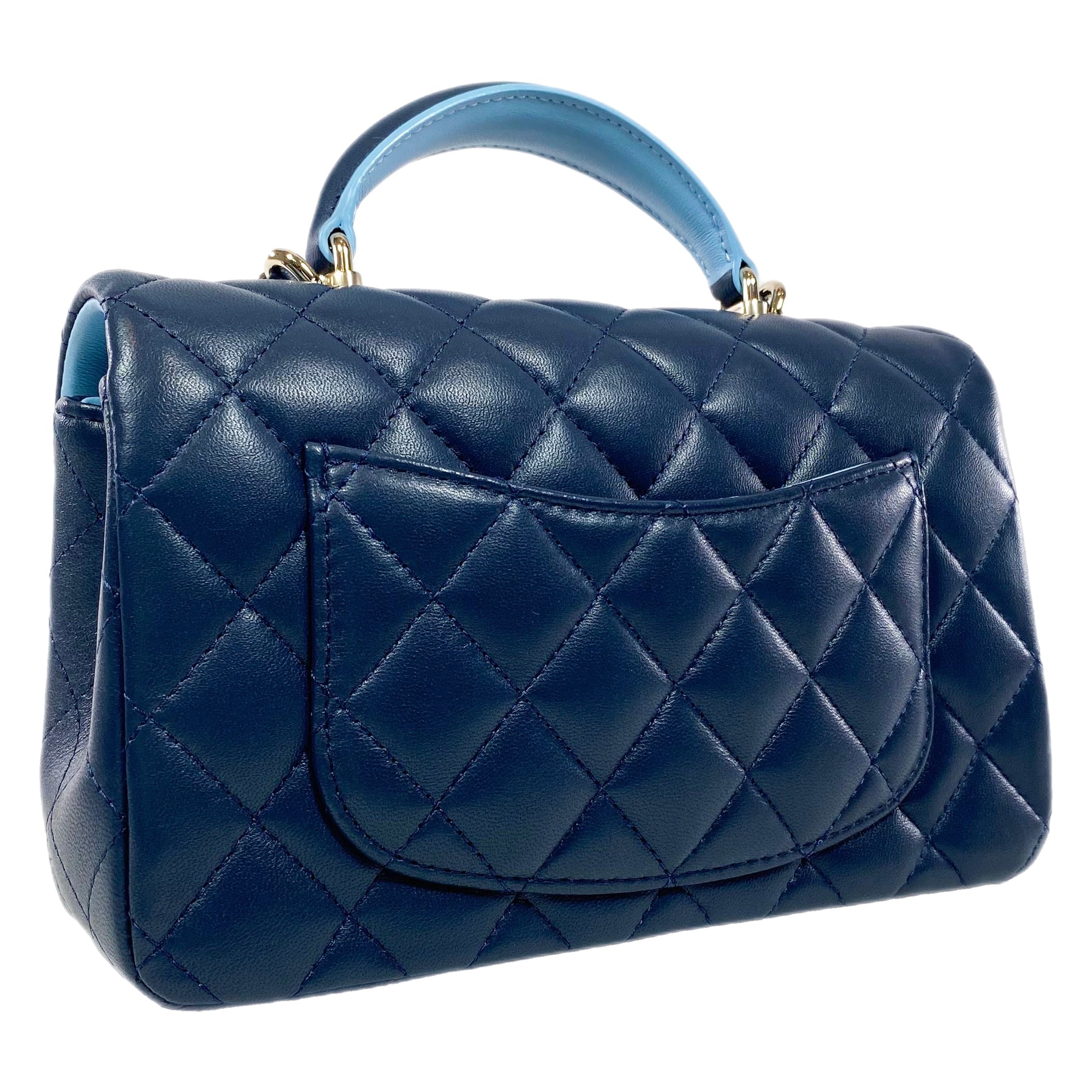 Chanel Quilted Lambskin Bi-Color Navy and Light Blue Mini Top Handle Rectangular Flap Bag