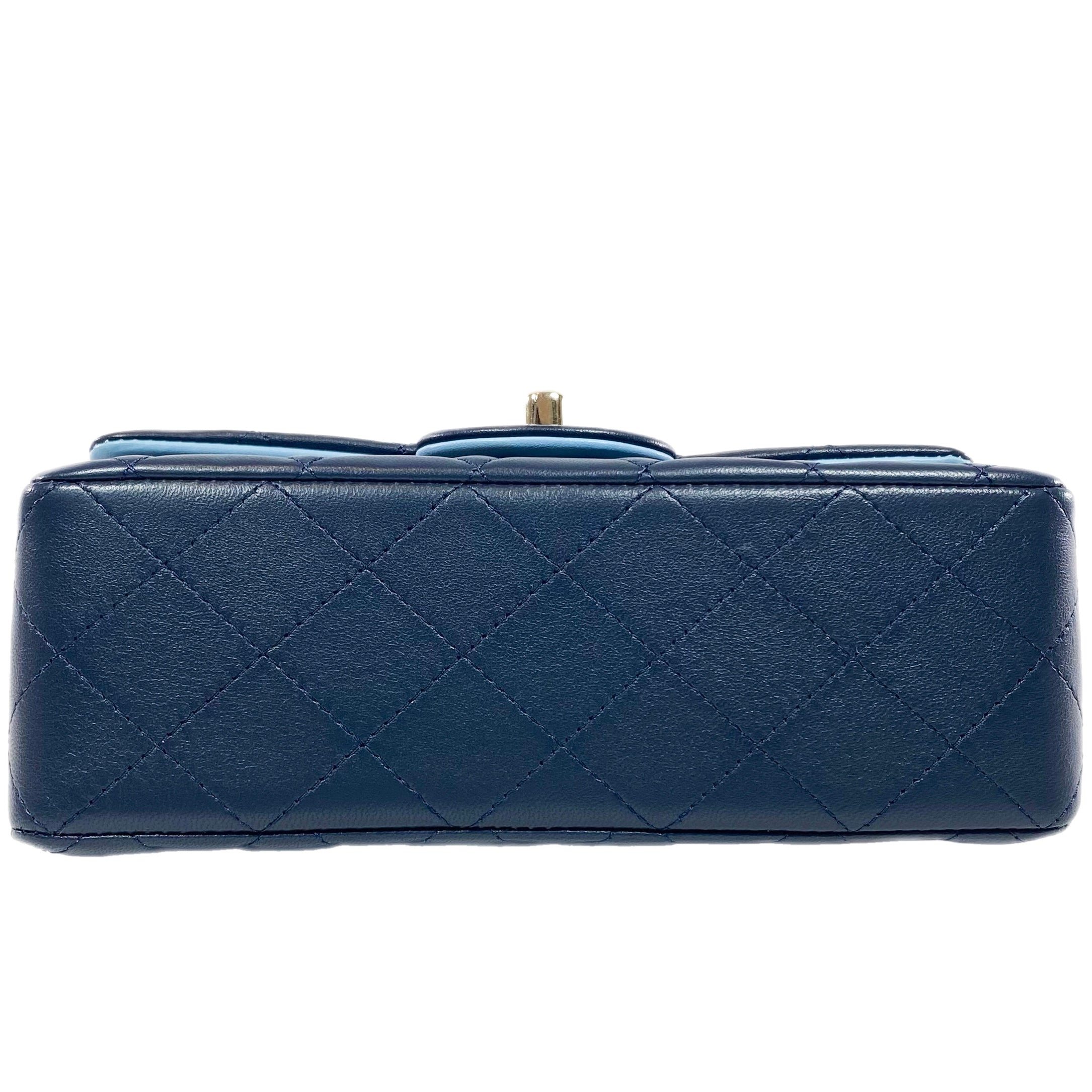 Chanel Quilted Lambskin Bi-Color Navy and Light Blue Mini Top Handle Rectangular Flap Bag