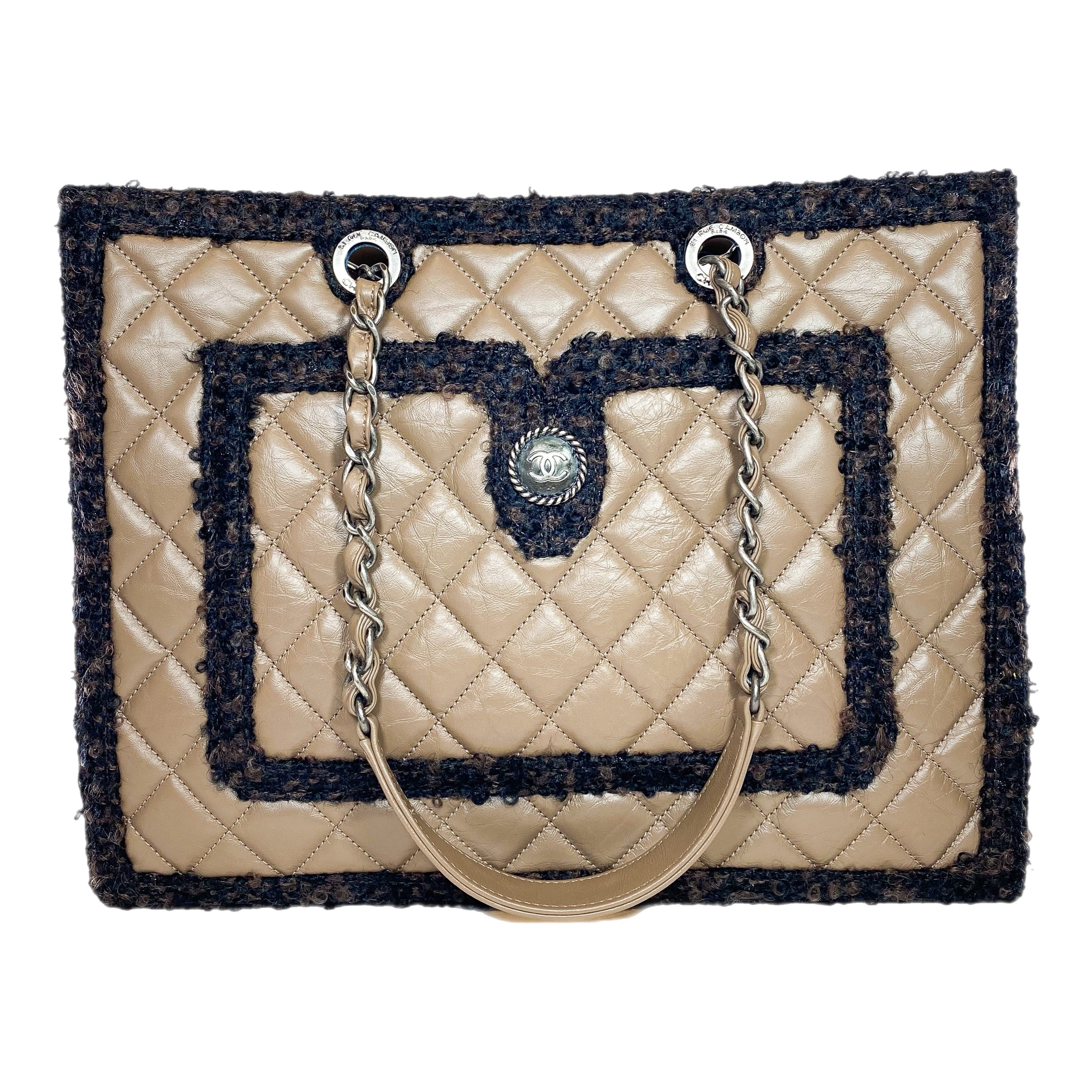 CHANEL Quilted Tweed Trim Tote Bag