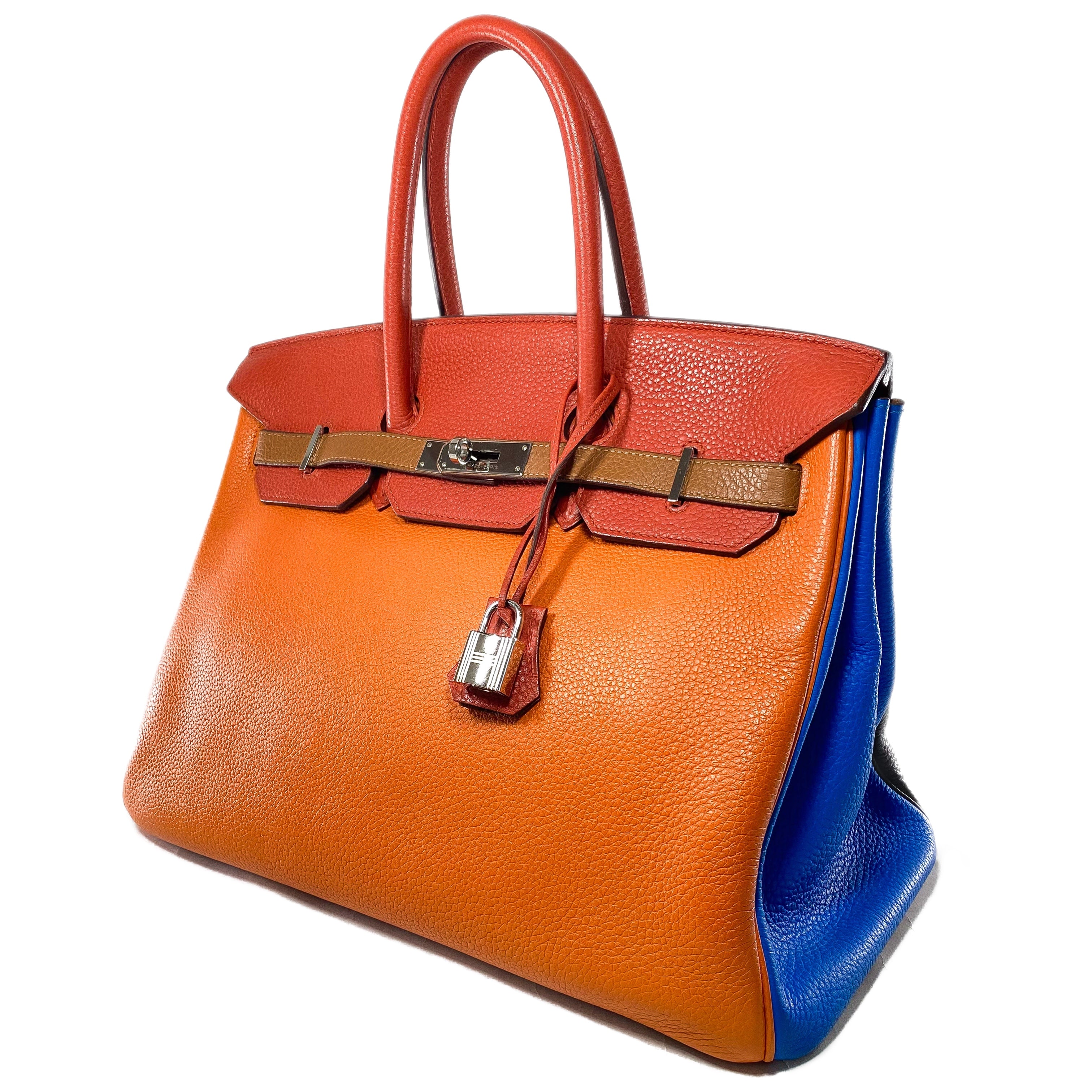 Hermes Birkin 35 Arlequin Orange Sanguine Gold Bleu Lin Bleu Hydra Etain Clemence Palladium Hardware