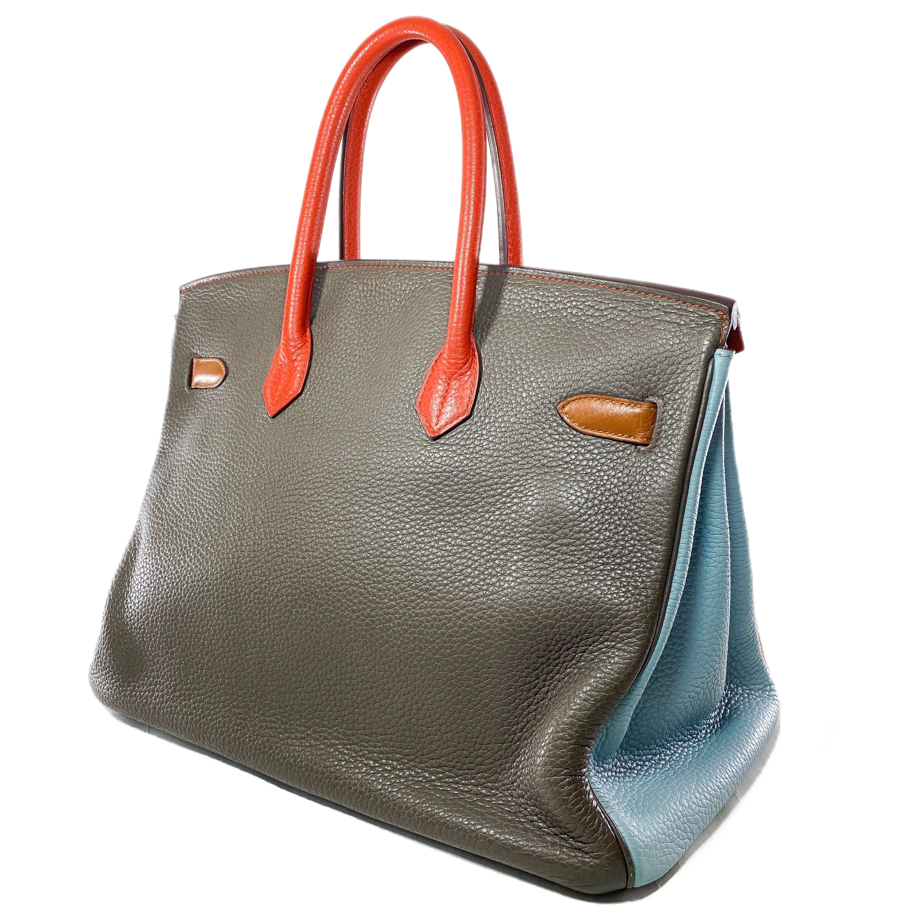 Hermes Birkin 35 Arlequin Orange Sanguine Gold Bleu Lin Bleu Hydra Etain Clemence Palladium Hardware