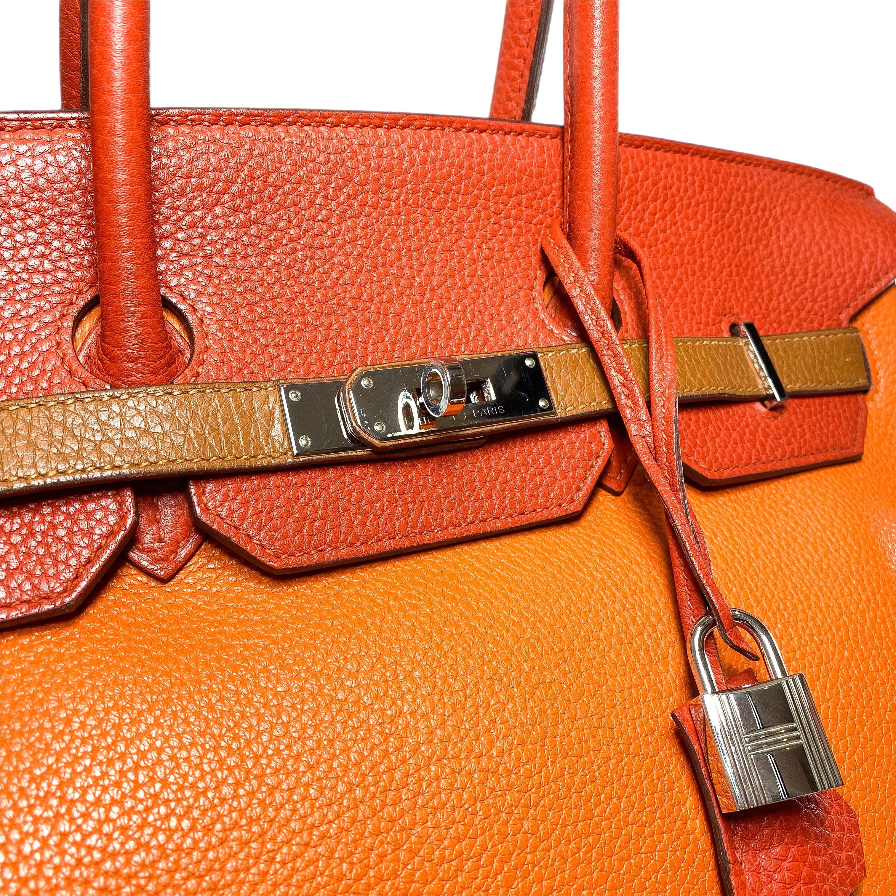 Hermes Birkin 35 Arlequin Orange Sanguine Gold Bleu Lin Bleu Hydra Etain Clemence Palladium Hardware