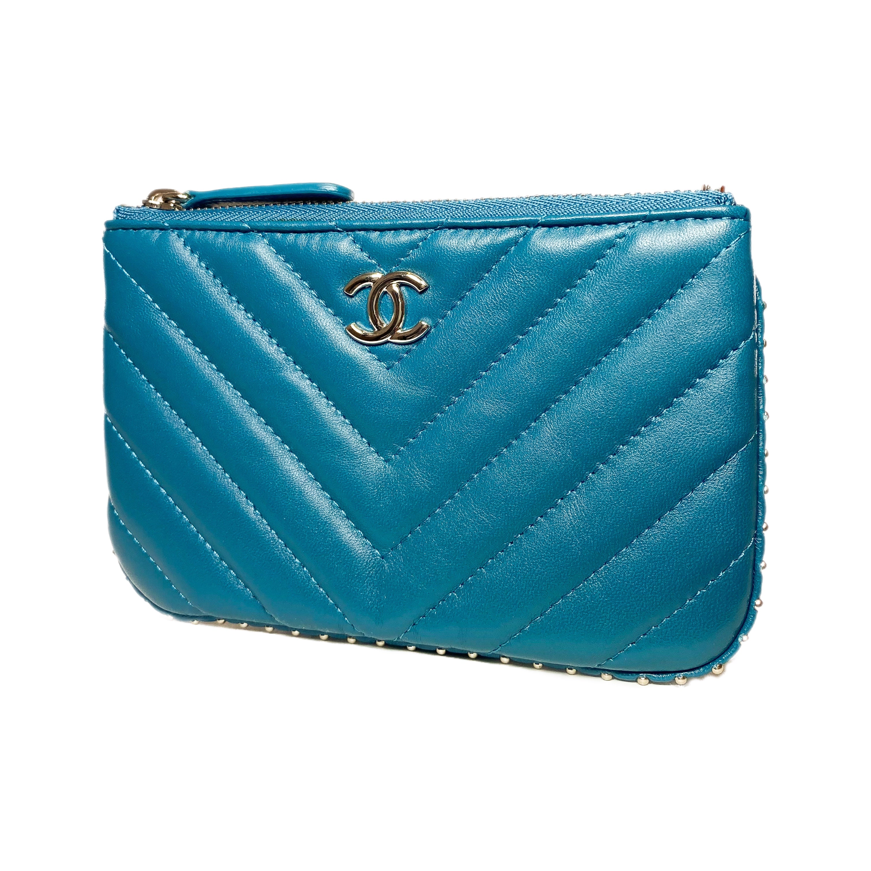 Chanel Teal Studded Chevron Zip Pouch