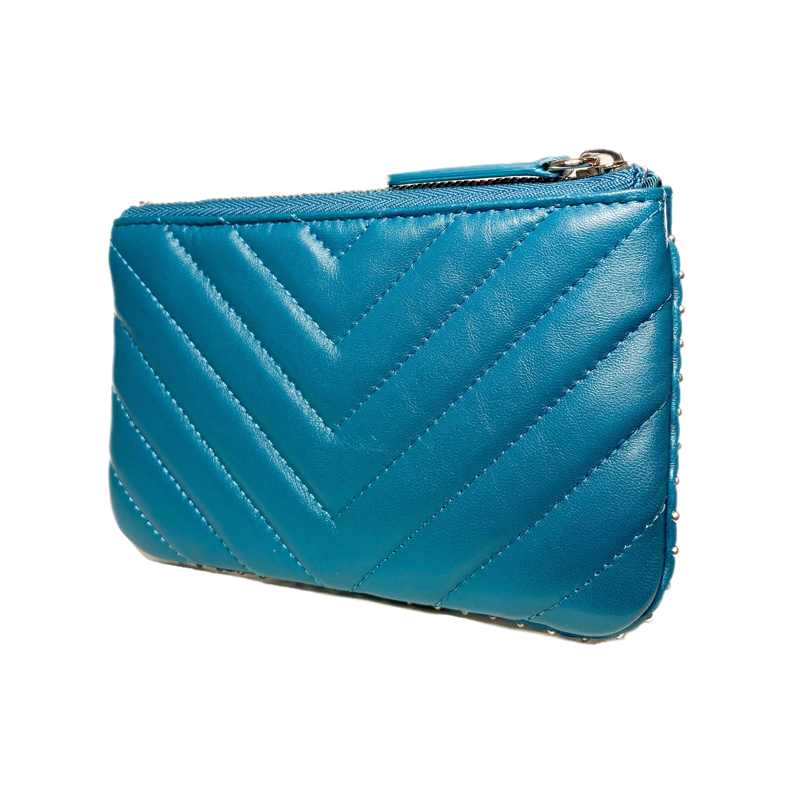 Chanel Teal Studded Chevron Zip Pouch