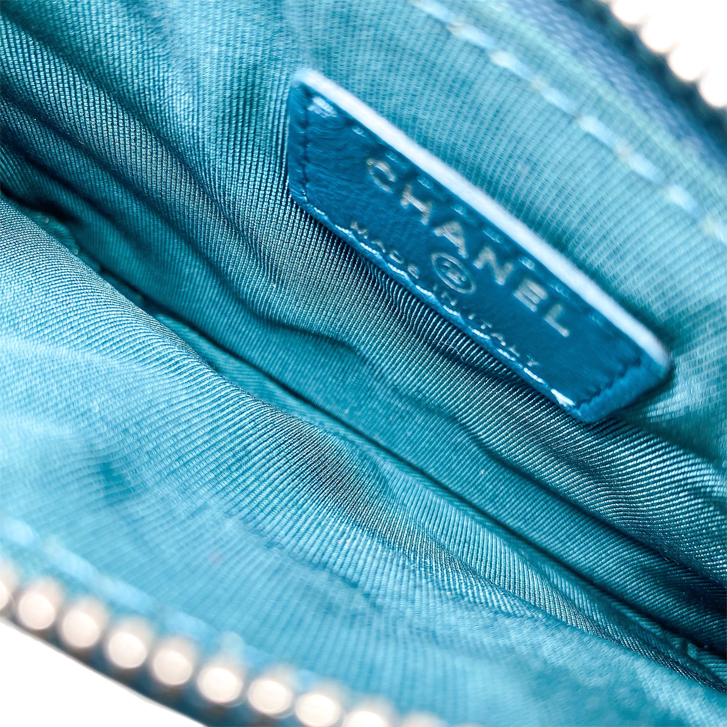 Chanel Teal Studded Chevron Zip Pouch