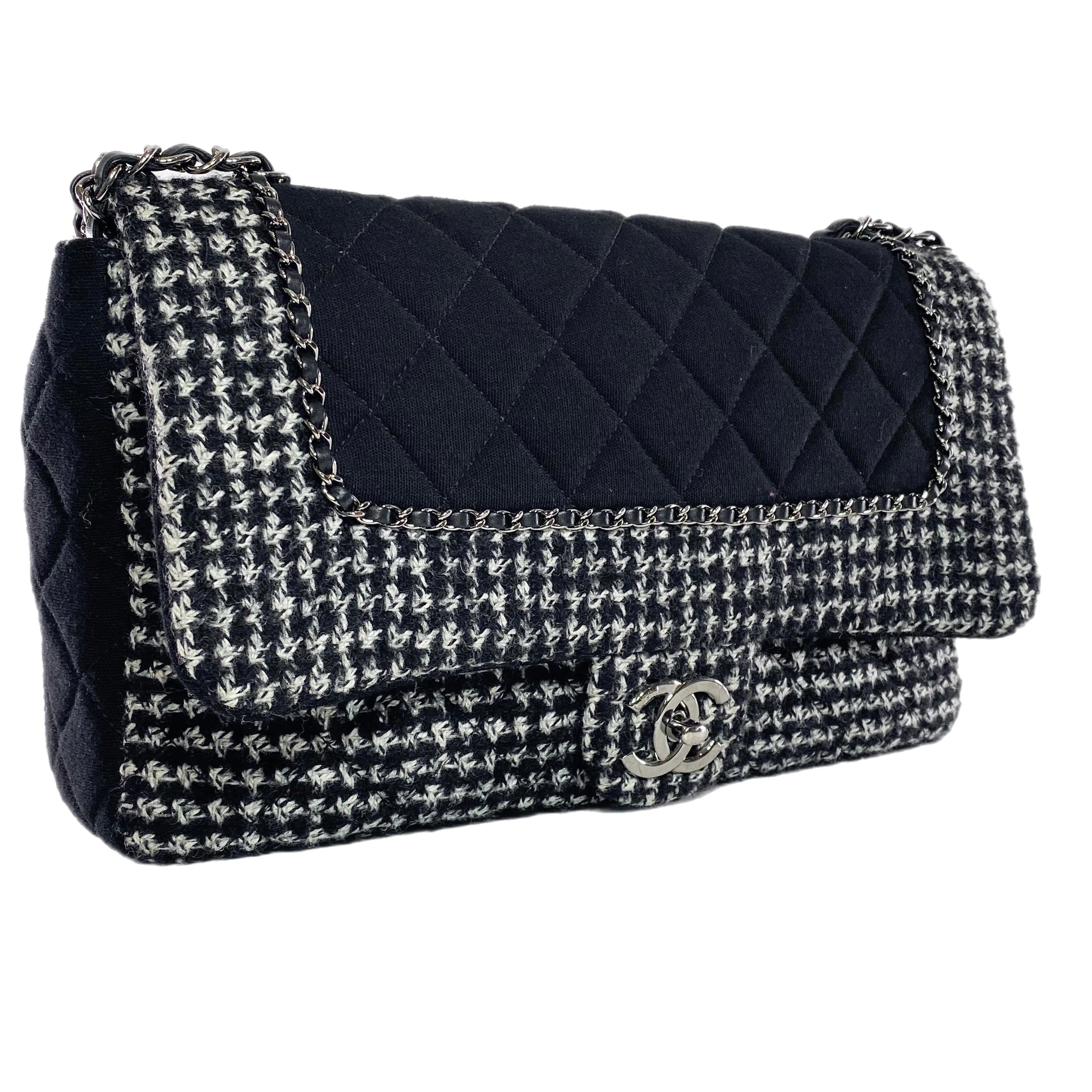 CHANEL Tweed Quilted Large Chanel 19 Flap Black Silver Ecru