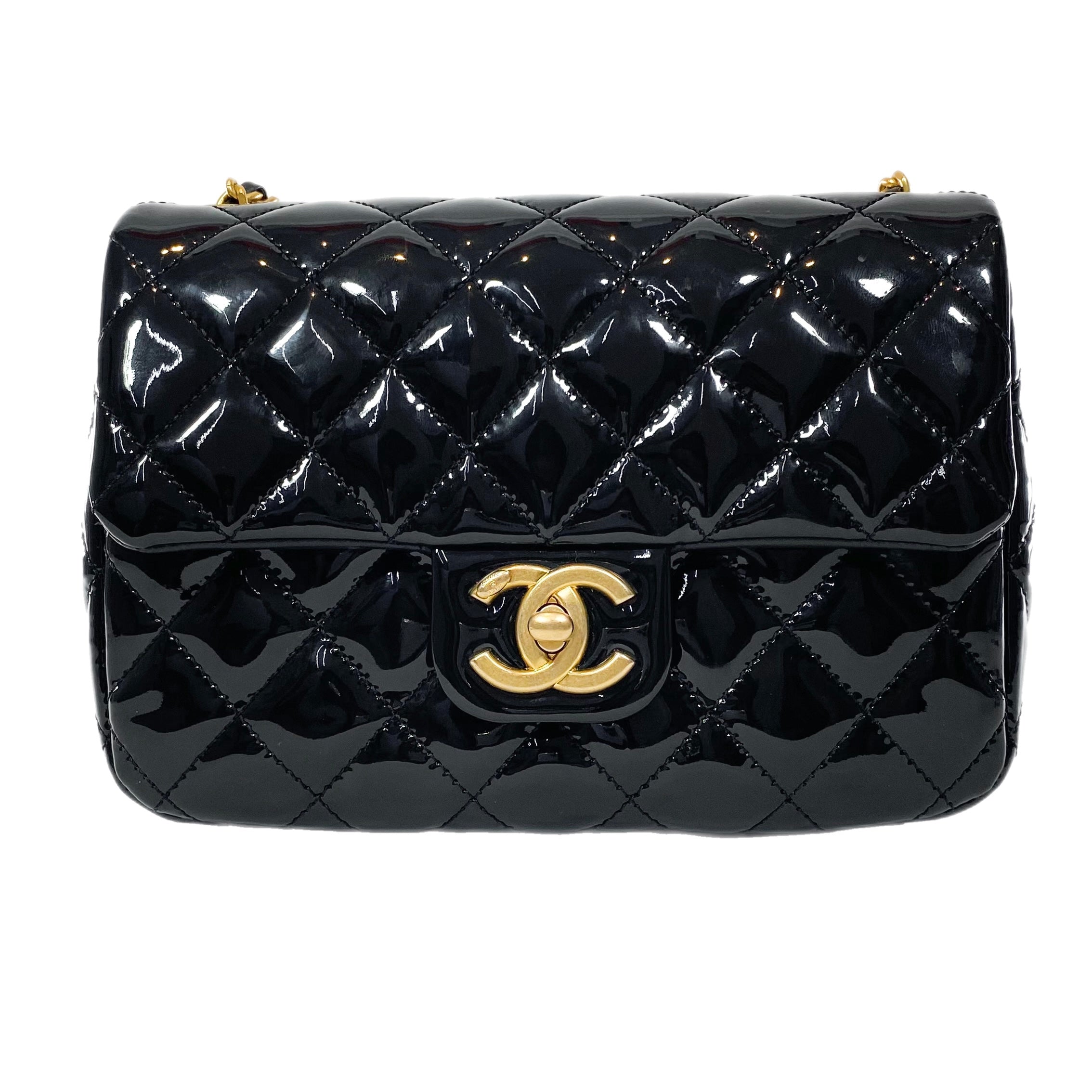 Chanel Black Patent Enamel Quilted Mini Coco Hearts Square Flap