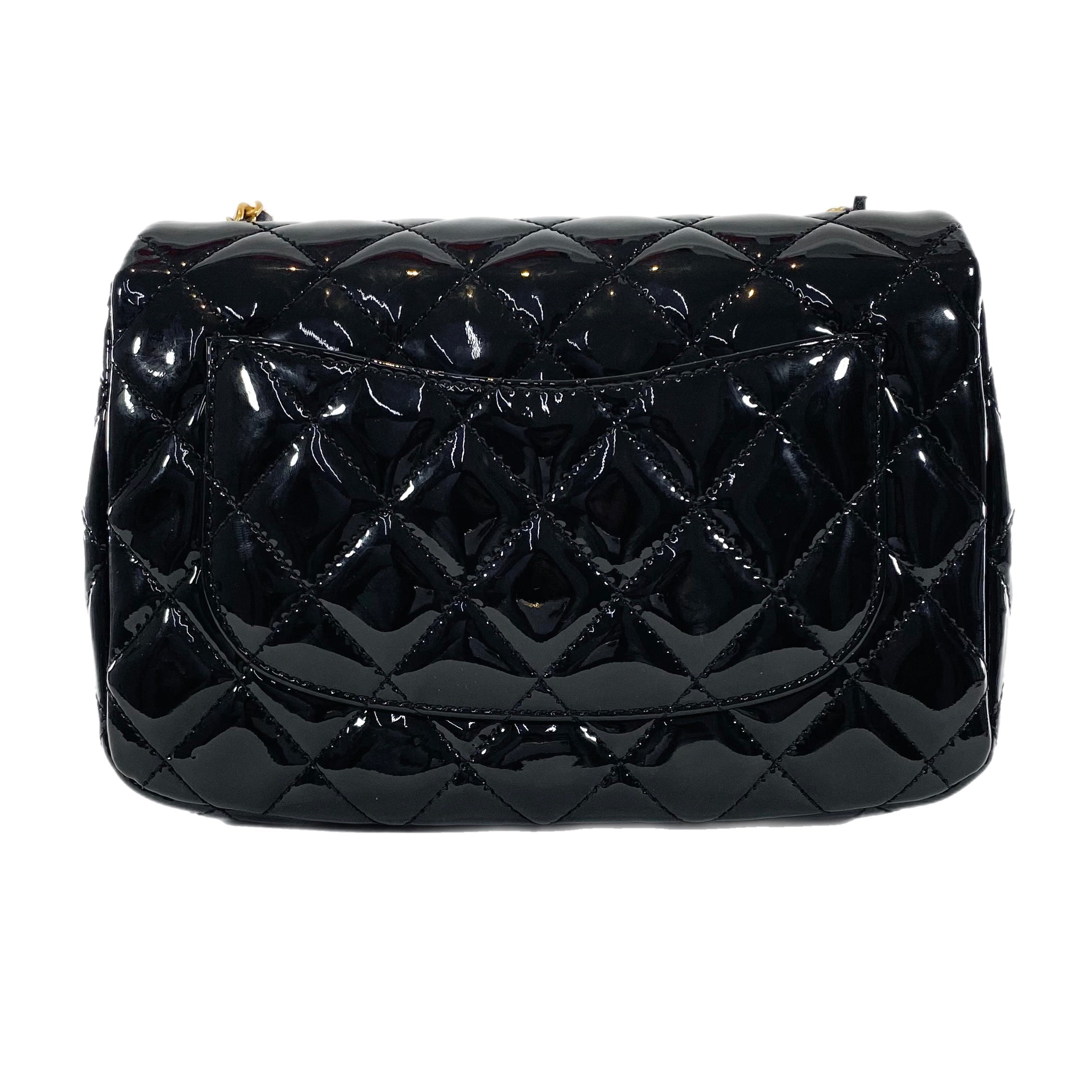 Chanel Black Patent Enamel Quilted Mini Coco Hearts Square Flap