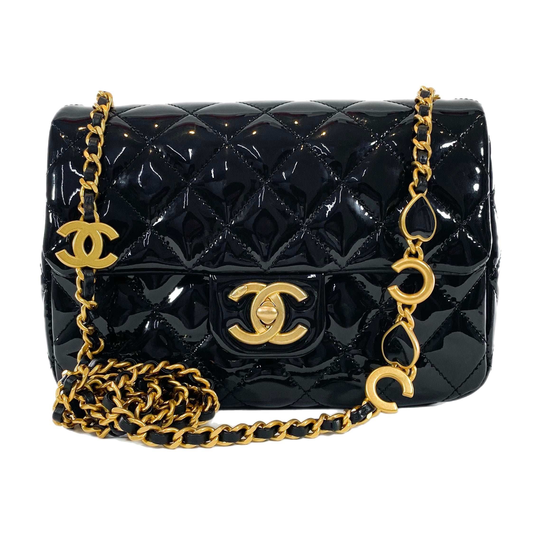 Chanel Black Patent Enamel Quilted Mini Coco Hearts Square Flap