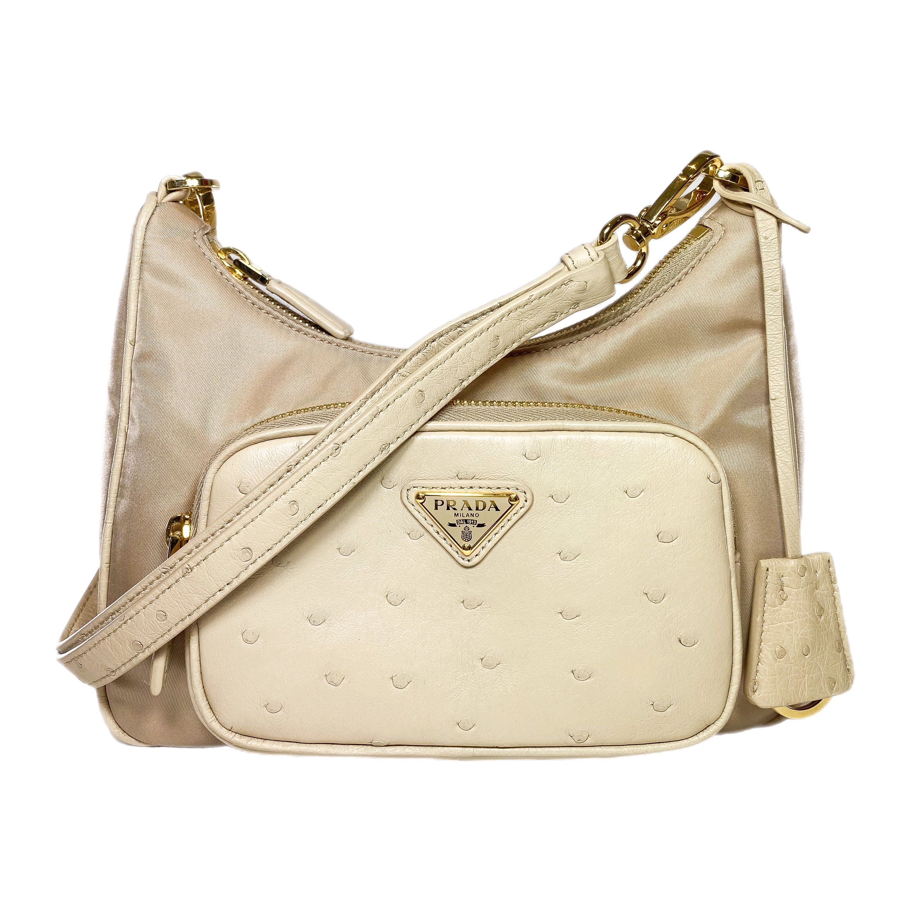 Prada Cammeo Re Nylon Ostrich Shoulder Bag