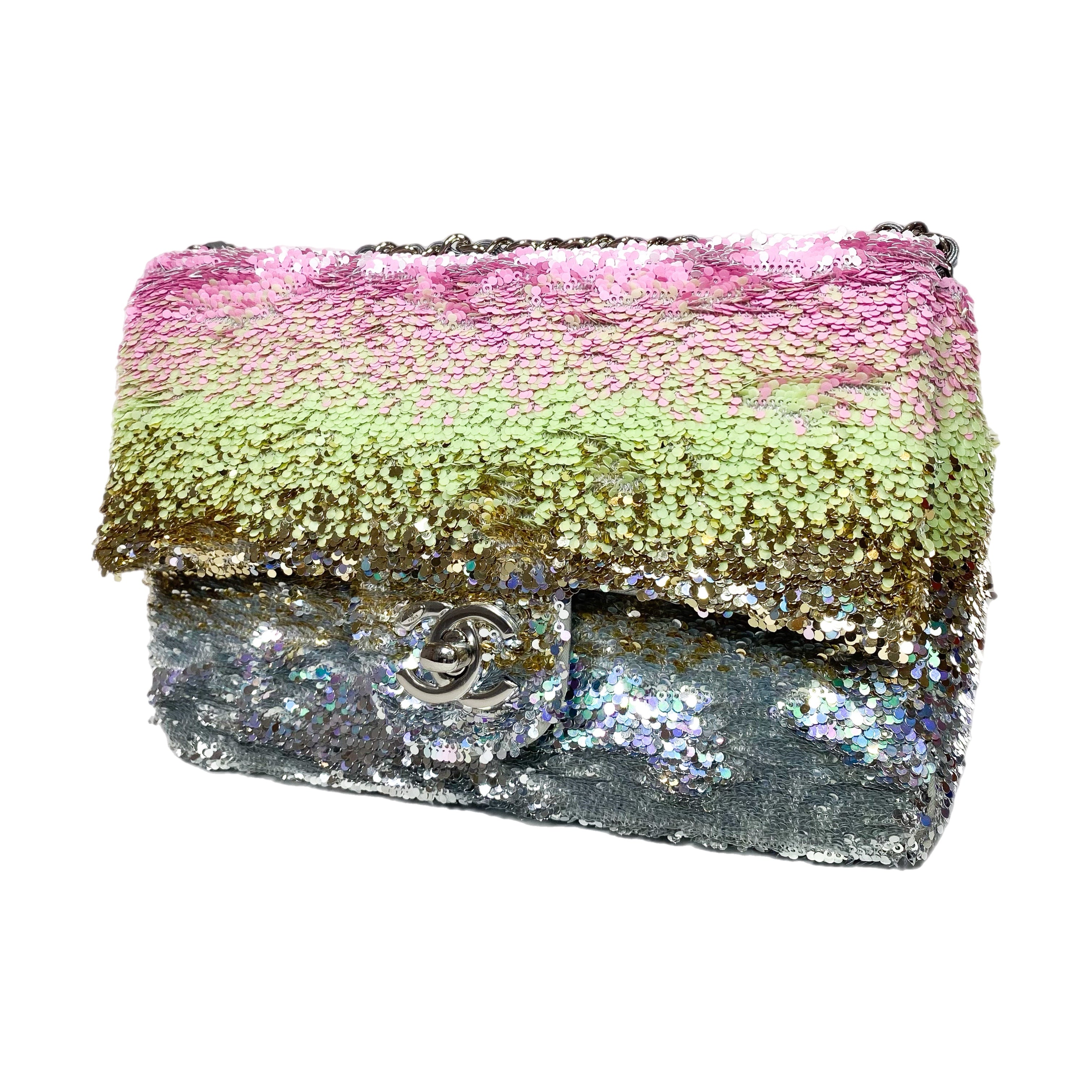 Chanel Pink Green Silver Sequins Mini Flap Bag